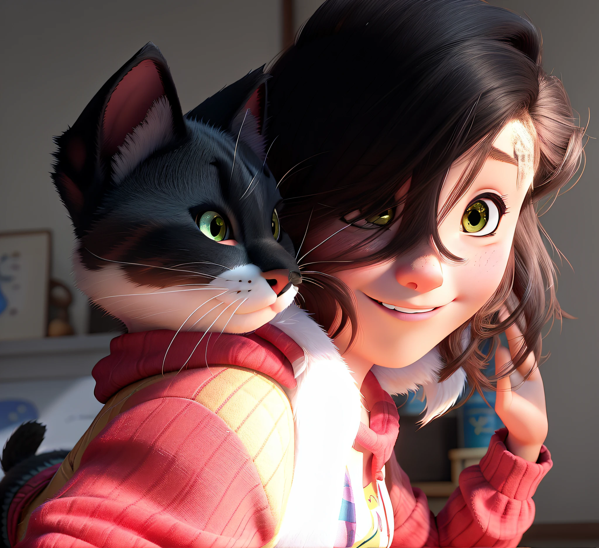 Uma MULHER com um gato ESTILO DISNEY PIXAR, ALTA QUALIDADE, MELHOR QUALIDADE