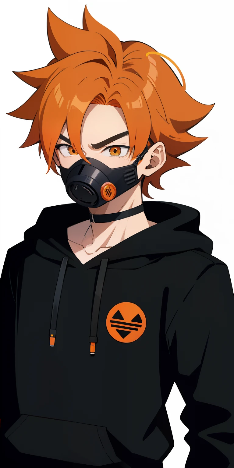 anime boy portrait wearing a black hoodie and a half face black gas mask with a orange hair like dragon ball z and orange eyes