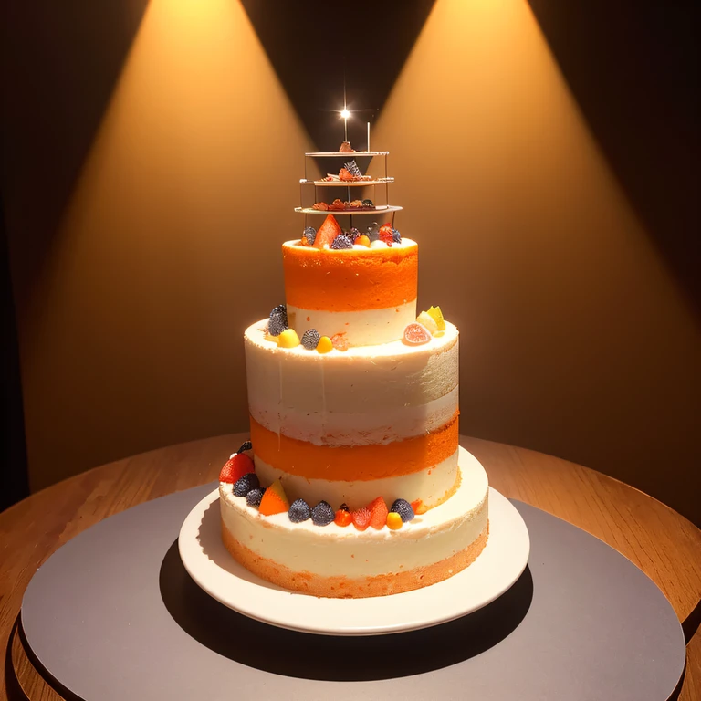 Cake methyl orange solution stand 1:6,Stereo equidistance,starlights,Cake Tyndall effect,Light and shadow intensification,Cake shape,Four-dimensional model,Virtual Engine,Cake rendering,Studio lighting,The light shines,Fantasy atmosphere,The cake is brightly colored,8K cake,Surface reflected light