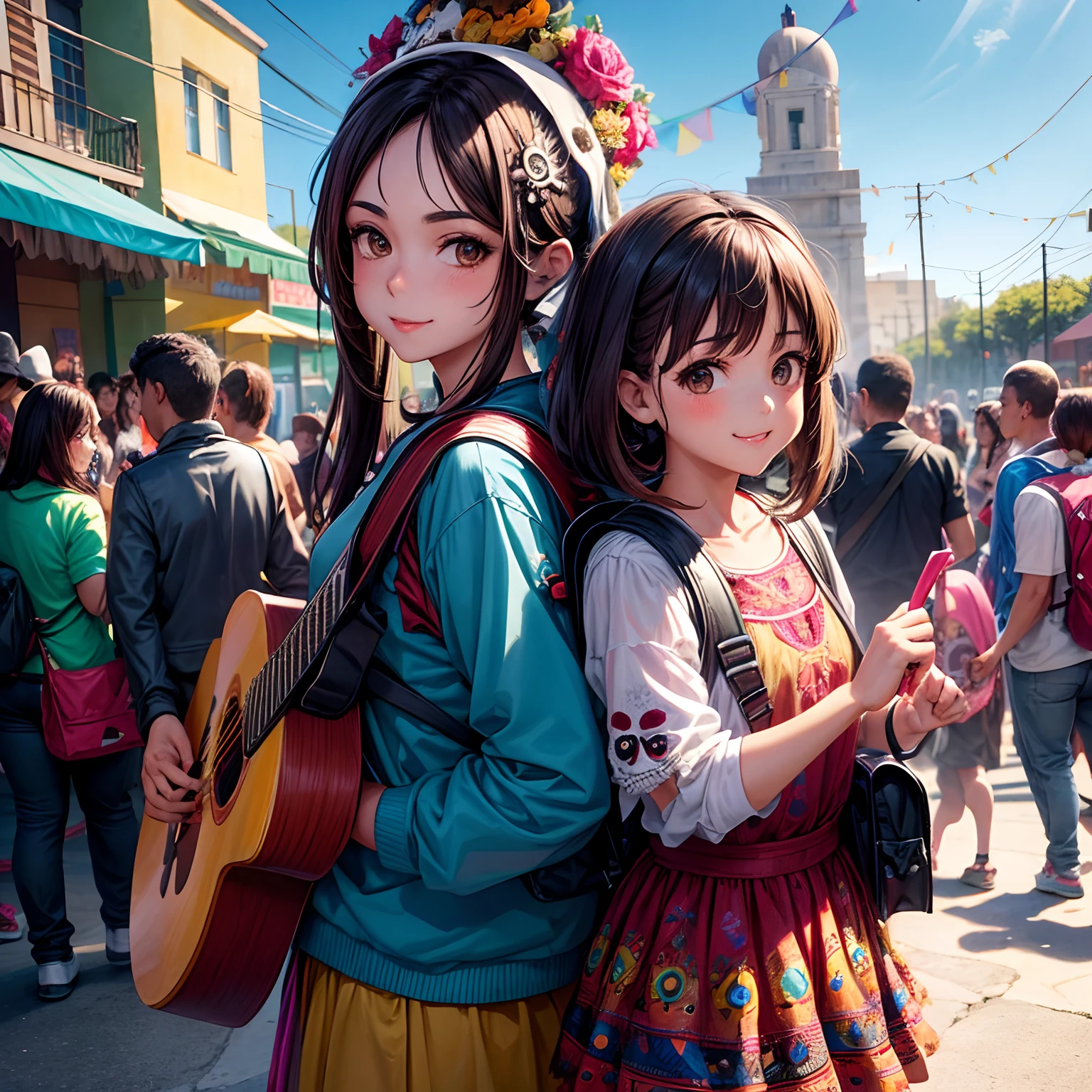 ILustracao no estilo anime, Mexican brunette woman smiling in Mexico village with backpack arriving for party Dia De Los Muertos with Bodý Paint Skull face Santa Muerte painted as skull, We see Mariate musicians playing guitar in the streets crowded with people with Dia de los Muertos decorations