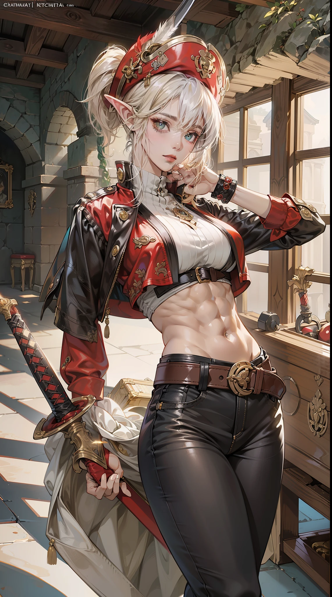 A beautiful female pirate stands in front of a large treasure chest, Female, beautiful elf race, white short hair, asymmetrical bang, insanley detailed face and eyes, Perfect lips, very beautiful and feminine, big breast, (abs: 1.3), Pirate king outfit, Black pirate hat with red feathers, Black leather jacket with gold accents, Black pants, Black boots, Large belt with sword sheath, Large black sword, (Inside the cave are various antiques, such as treasure chests, weapons, and jewelry as background), masterpiece, Aesthetic, dramatic, cinematic lighting, fine expression, fine detail, masterpiece, anime style drawing by Ayami kojima, HDR, digital art by Yusuke Murata, a digital art by Yusuke Murata.