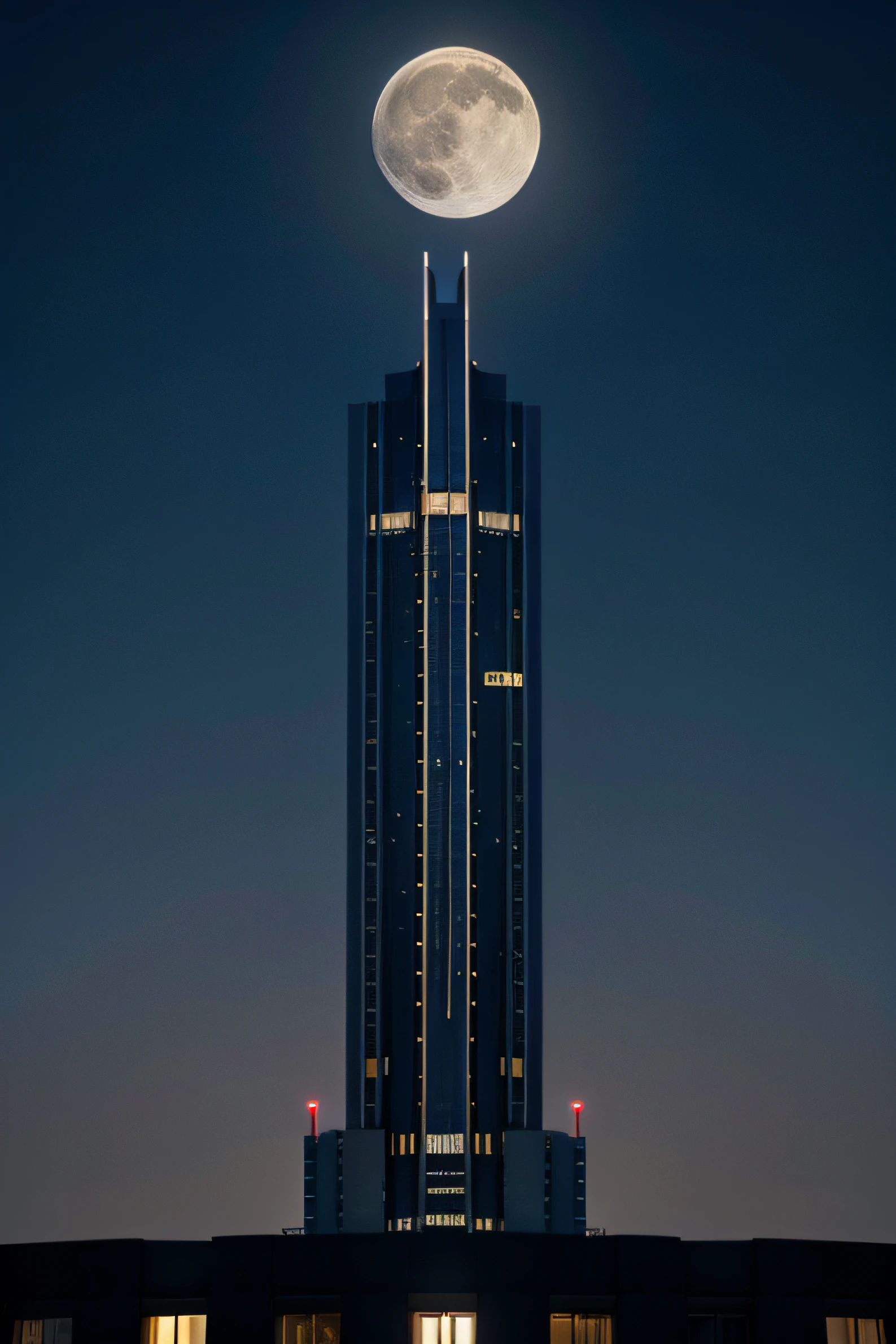 night light, one tall building, full moon, starts in the sky, high quality, surrealism, futuristic,comet in the sky
