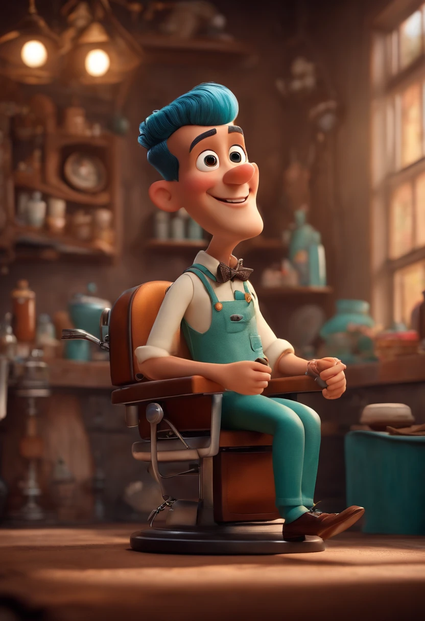 A Dream Barber Inspired by Pixar Animation, de perto. The character takes center stage with captivating facial expressions, oferecendo um toque de irrealidade, Cabelo curto e gordinho gradiente