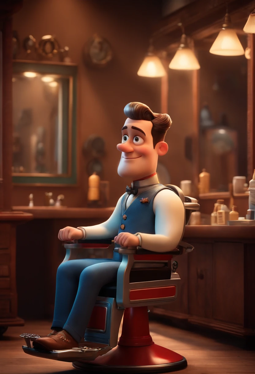 A Dream Barber Inspired by Pixar Animation, de perto. The character takes center stage with captivating facial expressions, oferecendo um toque de irrealidade, Cabelo curto e gordinho gradiente