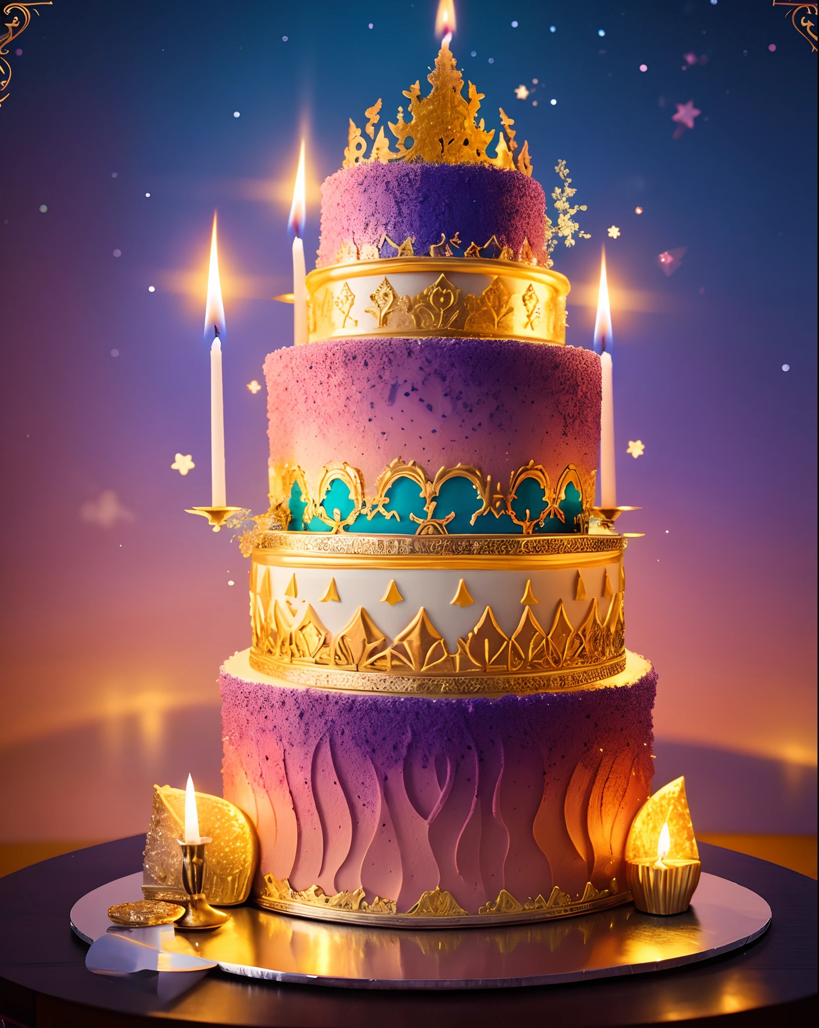 There is a large cake in the shape of a castle，There are a lot of different ingredients on it, A few colorful candles on the cake,There are exquisite sweets and chocolates nearby,Fine cream,detailed flowers,Vivid colors,Sharp focus,Ultra-detailed,A masterpiece of art,professional,rich deep color,Intricate details,Attractive lighting,astrophotography,framed,Centered,symetry，fantasy bakery, Fantasy art Behance, cake art, 3d magical details, Stylized 3 D, 4k highly detailed digital art, 3 d epic illustrations, 4 K detail fantasy, 3 d render stylized, 8K high quality detailed art, fairytale artwork, trend on behance 3 d art