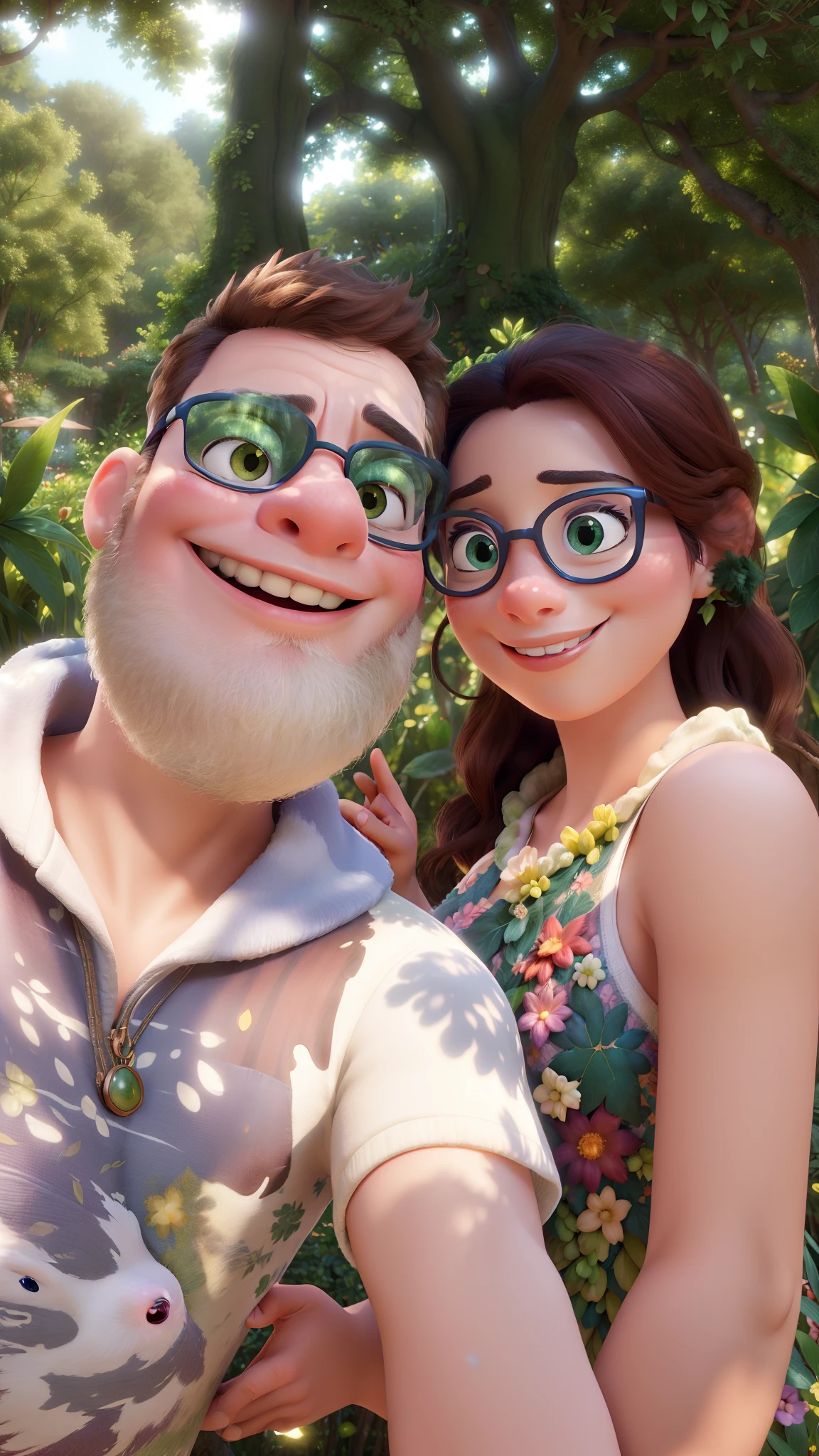 (high quality:1.2),Pixar style couple,in a nature background,smooth lines,expressive cartoon style,colorful and vibrant,happy and joyful expressions,cute and lovable characters,fantasy-like atmosphere,rich and detailed environment,dreamy lighting,professional illustration techniques,impressive visual effects,playful and imaginative,storybook feel,emotional connection between the characters,harmonious composition,inviting and captivating,whimsical nature elements,lush greenery,floral accents,soft and warm color palette,charming and magical,enchanted forest setting,magical sunlight streaming through the trees,peaceful and serene atmosphere