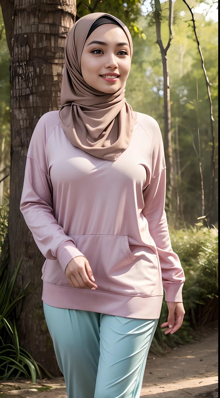 RAW, Best quality, high resolution, masterpiece: 1.3), beautiful Malay woman in hijab (iu:0.8),Best quality, high resolution, Masterpiece: 1.3, Beautiful hijabi malay girl, Masterpiece, Soft smile,Beautiful Malay women wear pastel color hijab in the foreground , bright sunshine, hiking clothes, pullover, long pants, highres,4k,HDR,1girl, photorealistic, realistic,sweat skin, wet clothes, wet body, big breast, ((full body))soaked, dripping, smiling at viewer, closeup