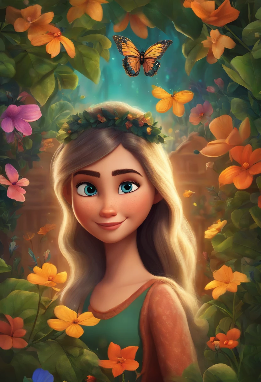 A Disney Pixar-inspired movie poster with title "(Rebeca)".
(An 18 year old girl with blonde hair, brown eyes, thin round nose, long hair. beautiful as a fairy, art artist and painter). The scene should be in the distinct digital art style of Pixar, with a focus on character expressions, vibrant colors, and detailed textures that are characteristic of their animations, with the title "(Rebeca)"