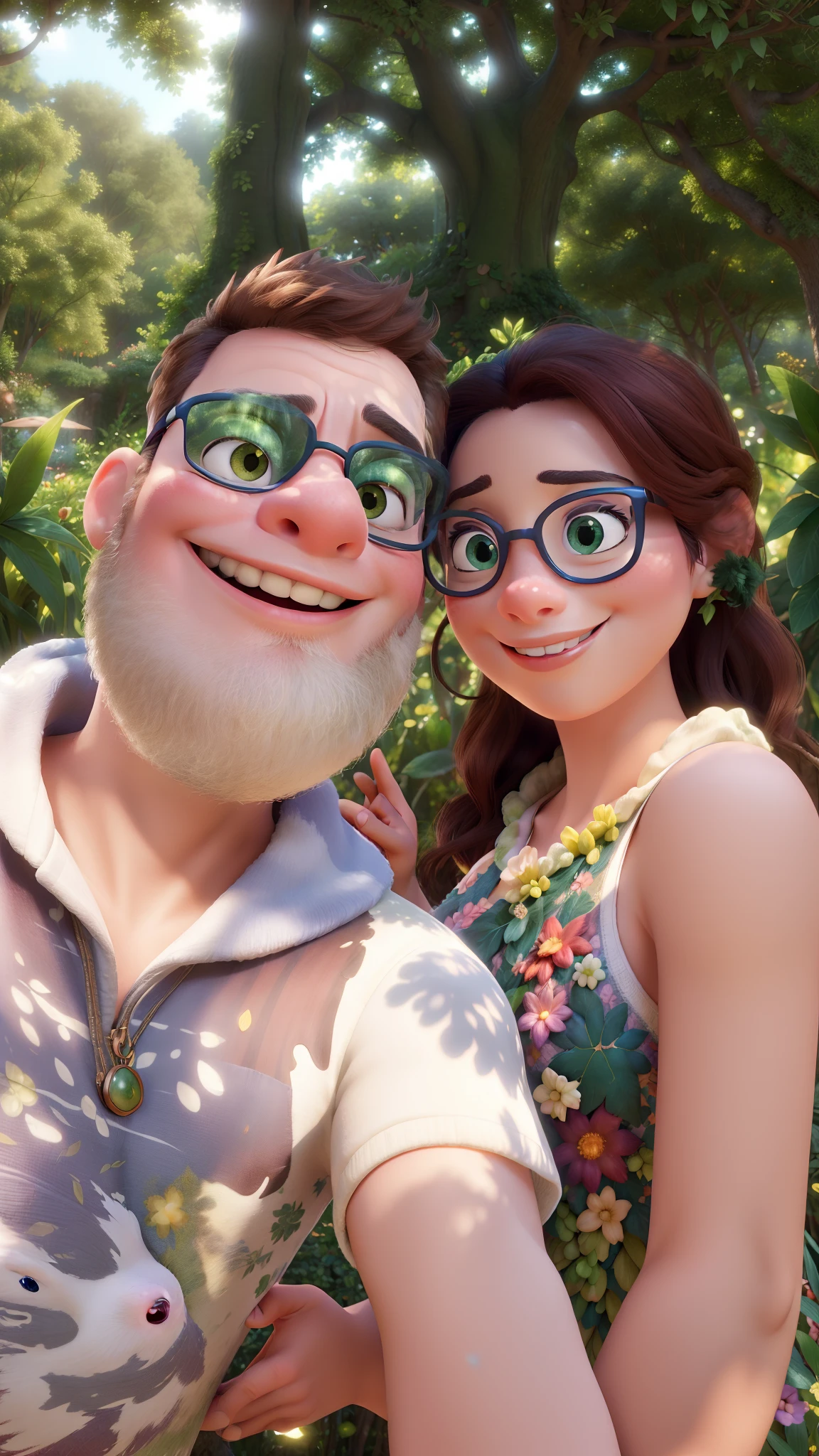 (high quality:1.2),Pixar style couple,in a nature background,smooth lines,expressive cartoon style,colorful and vibrant,happy and joyful expressions,cute and lovable characters,fantasy-like atmosphere,rich and detailed environment,dreamy lighting,professional illustration techniques,impressive visual effects,playful and imaginative,storybook feel,emotional connection between the characters,harmonious composition,inviting and captivating,whimsical nature elements,lush greenery,floral accents,soft and warm color palette,charming and magical,enchanted forest setting,magical sunlight streaming through the trees,peaceful and serene atmosphere
