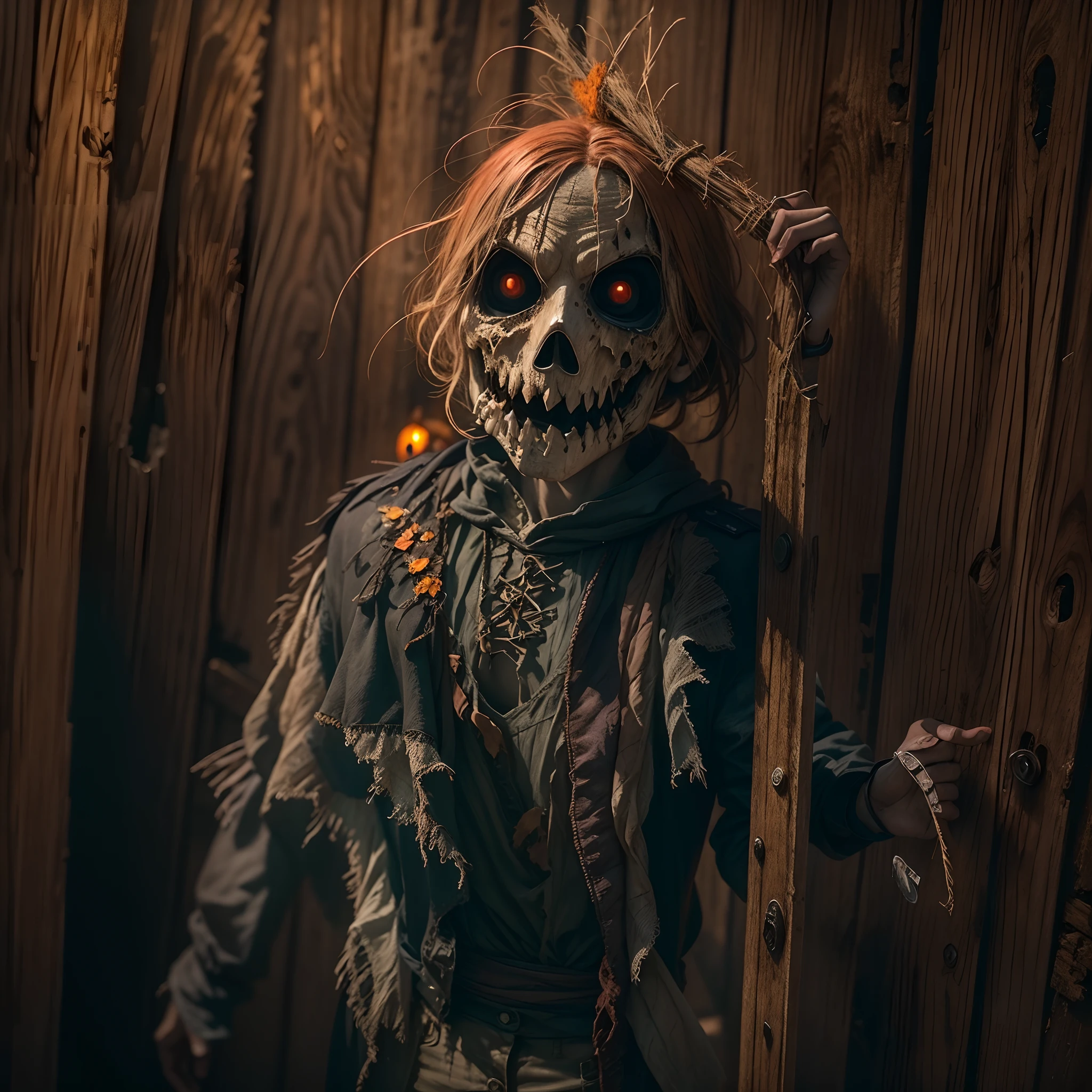 best quality,ultra-detailed,realistic,lowres,horror,detailed straw-filled scarecrow hanging on a wooden stake,spooky atmosphere,vivid colors,dark shading,ominous lighting,broken and tattered clothes,creepy expression,long shadow