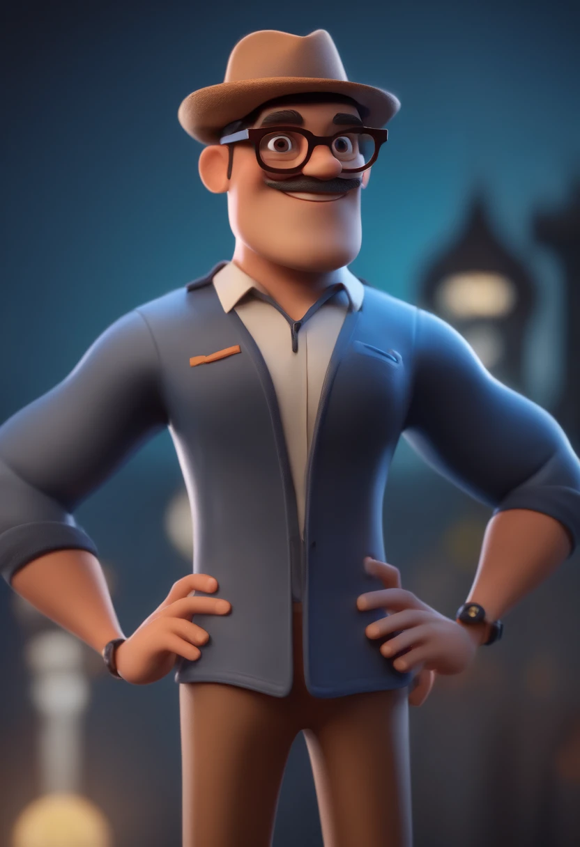 Cartoon character of a man with black glasses and a blue shirt, animation character, Caractere estilizado, animation style rendering, 3D estilizado, Arnold Maya render, 3 d render stylized, toon render keyshot, Personagem 3D, Personagem 3D, 3d rendering stylized, 3 d character render, personagem de desenho animado, Personagem de close up, Pose de personagem,  (Estilo Pixar) (master part:1.2) (Bokeh) (best quality) (pele detalhada) (textura detalhada) (8k) (argila) (Cinematic lighting) (foco nítido