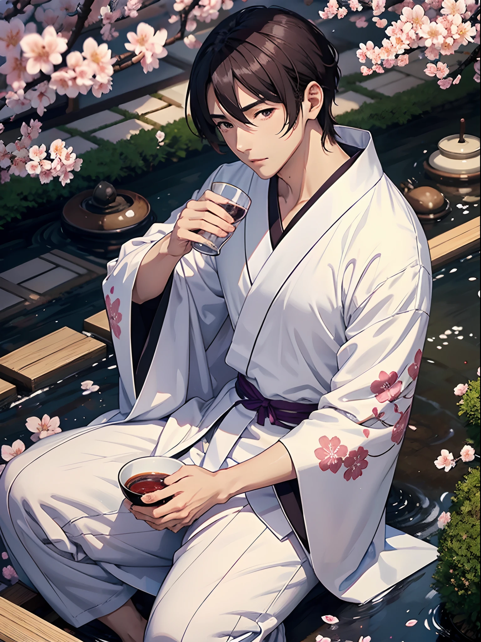 anime man with black hair, white silk robe, hot springs, steam, dense steam around, daffodils