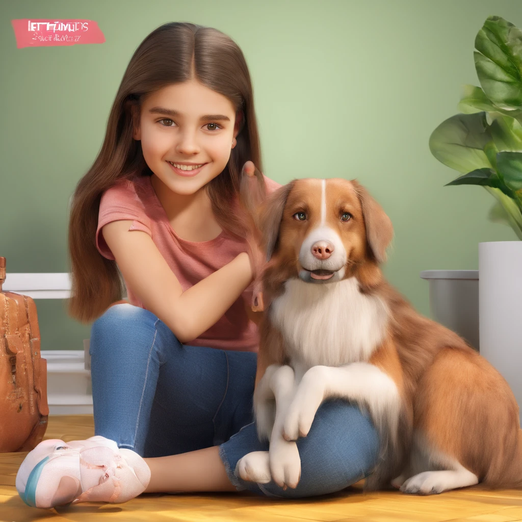 Ana Beatriz, de 9 anos, com o seu cachorro, curtindo uma foto, Memento.