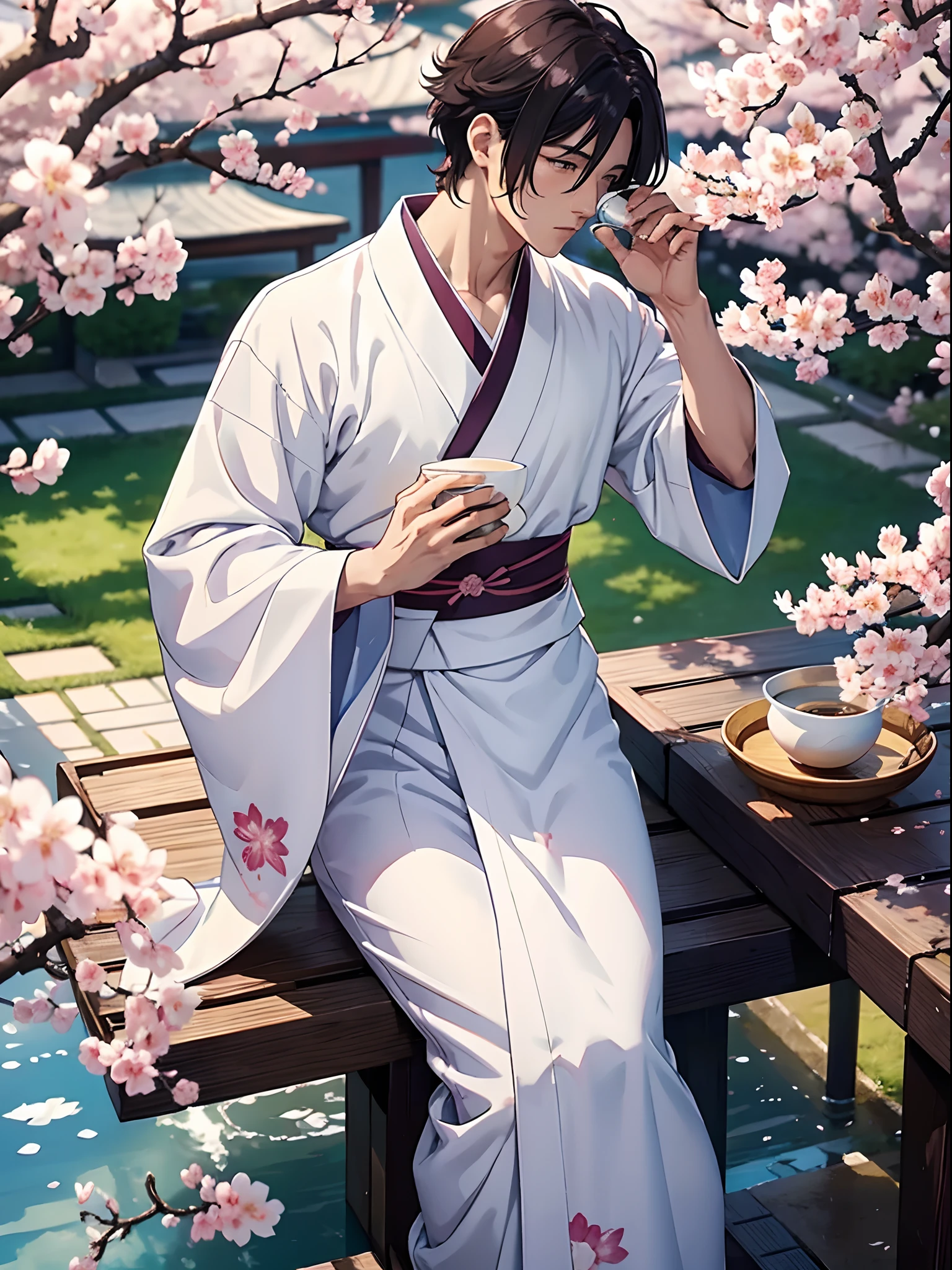 a handsome anime man, white silk kimono, drinking sake, sakura blossoming, beautiful garden, plum trees