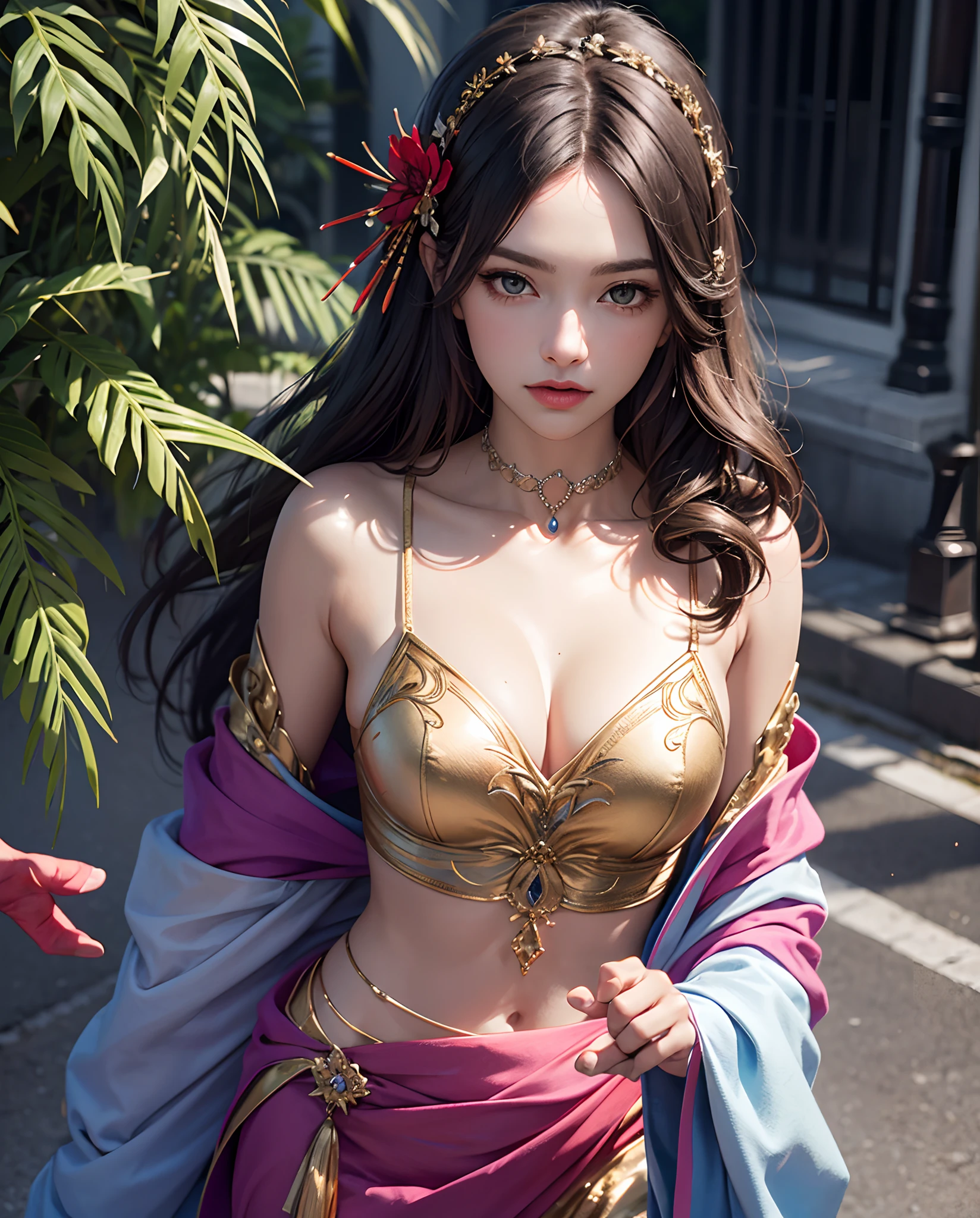 realistic,photorealistic,masterpiece,best quality,1girl,solo,(standing in street),looking at viewer,(long hair),(hair ornament:1.4),(focus on),(((colorful))),Masterpiece,best quality,beautifully painted,highly detailed,(denoising:0.6),highly,detaild,(masterpiece, best quality, extremely detailed CG unity 8k wallpaper,masterpiece, best quality, ultra-detailed),(Lycoris radiata),