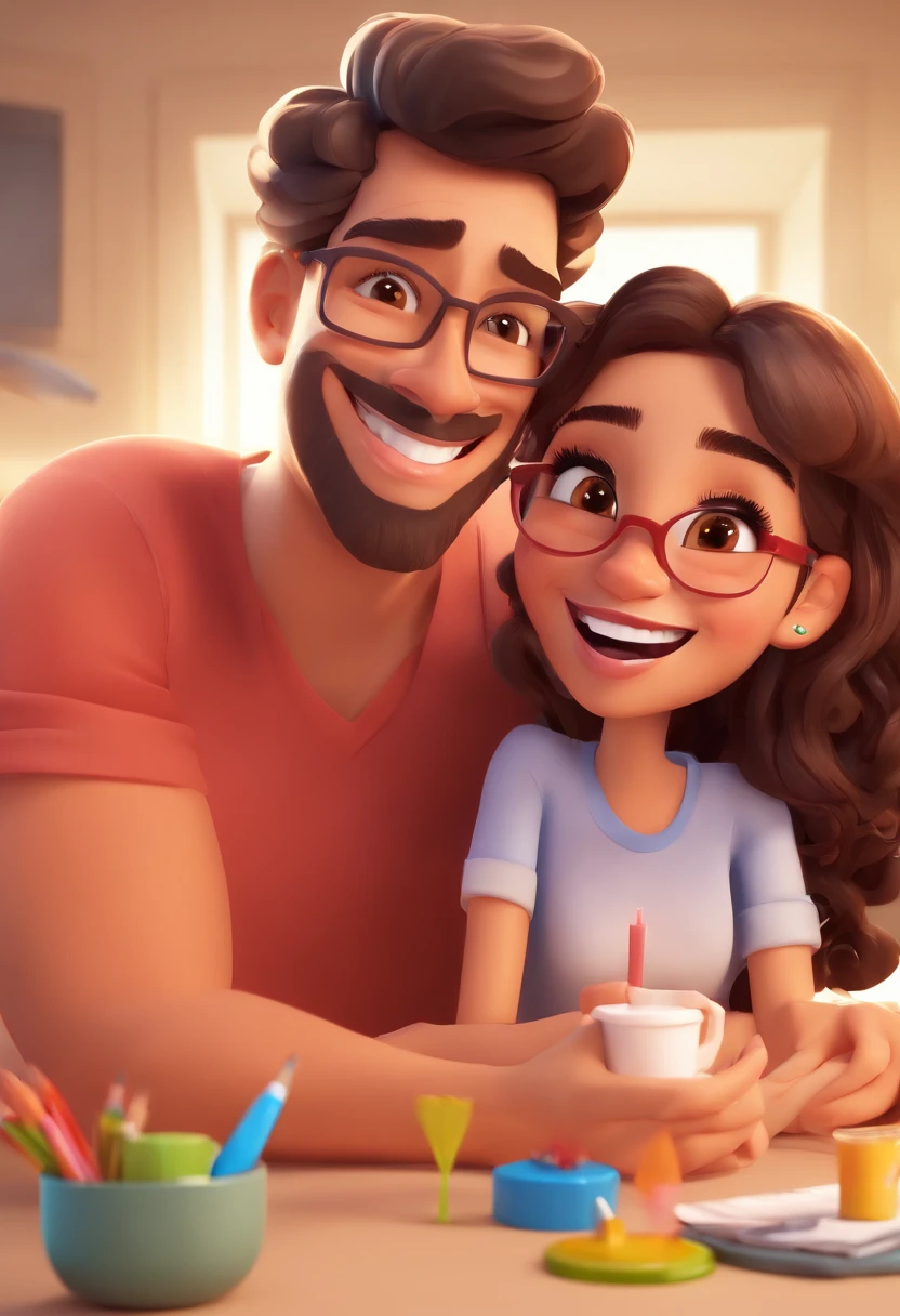 An illustration of an adorable couple, Highlight for a chubby mulatto man with glasses smiling and a brunette woman with beautiful expressive eyes - the man's skin is mulatto and the man's hair haswhile the woman's skin is black and the woman's hair is straight and brown. They are a bright room, cada um com um sorriso no rosto, e compartilhar um momento especial caracterizado pelo amor, Insights. Illustrate this scene from a perspective where they are facing the camera, Smiling and Showing Your Connection. Desenvolva esta arte em Full HD, Focus on your cinematic touch, Estilo Disney Pixar Animations