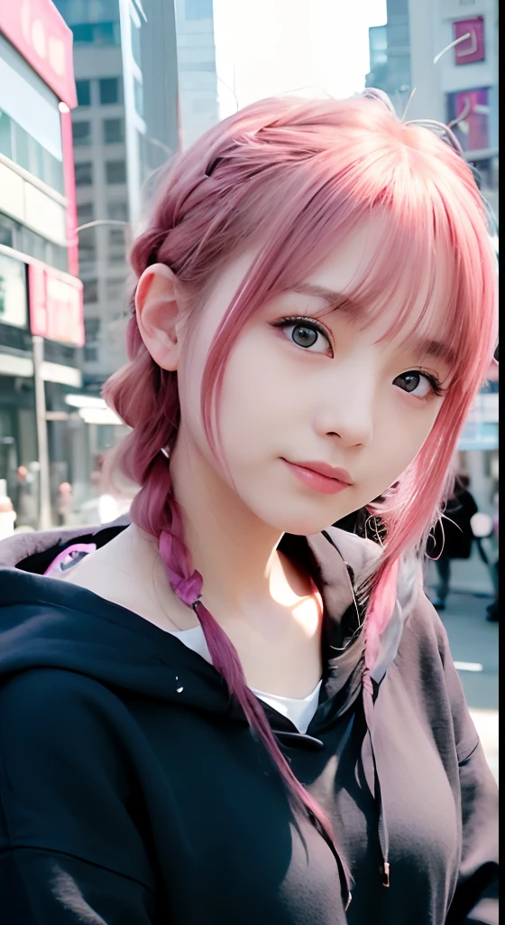 1人、on tokyo street、natta、A city scape、city light、The upper part of the body、up close shot、Blue eyes,Full body,faces、(A smile:1.5)、small tits、Black long-sleeved hoodie、(8K、Raw photography、top-quality、masterpiece:1.2)、(realisitic、photoRealstic:1.37), (Pink hair), Ear Hair, small tits, Single braid, (Single braid), (Side braid)