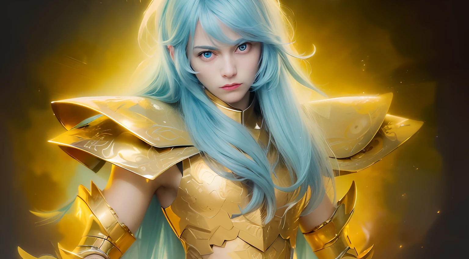 (masterpiece), (realistic) , close up portrait of a man, (male), 35 years old, Swedish, (1boy), solo, serious, looking at viewer, pretty handsome man, ((pretty big blue eyes), wearing an medieval armor, (full body armor), (golden armor), chrome gold, (detailed armor), (ornate armor), long straight light blue hair, (hair blowing in wind), (hair bangs), upper body, cosmic golden rain background, cinematic lighting, ((beardless)) ((perfect big blue eyes)). Androgynous face.