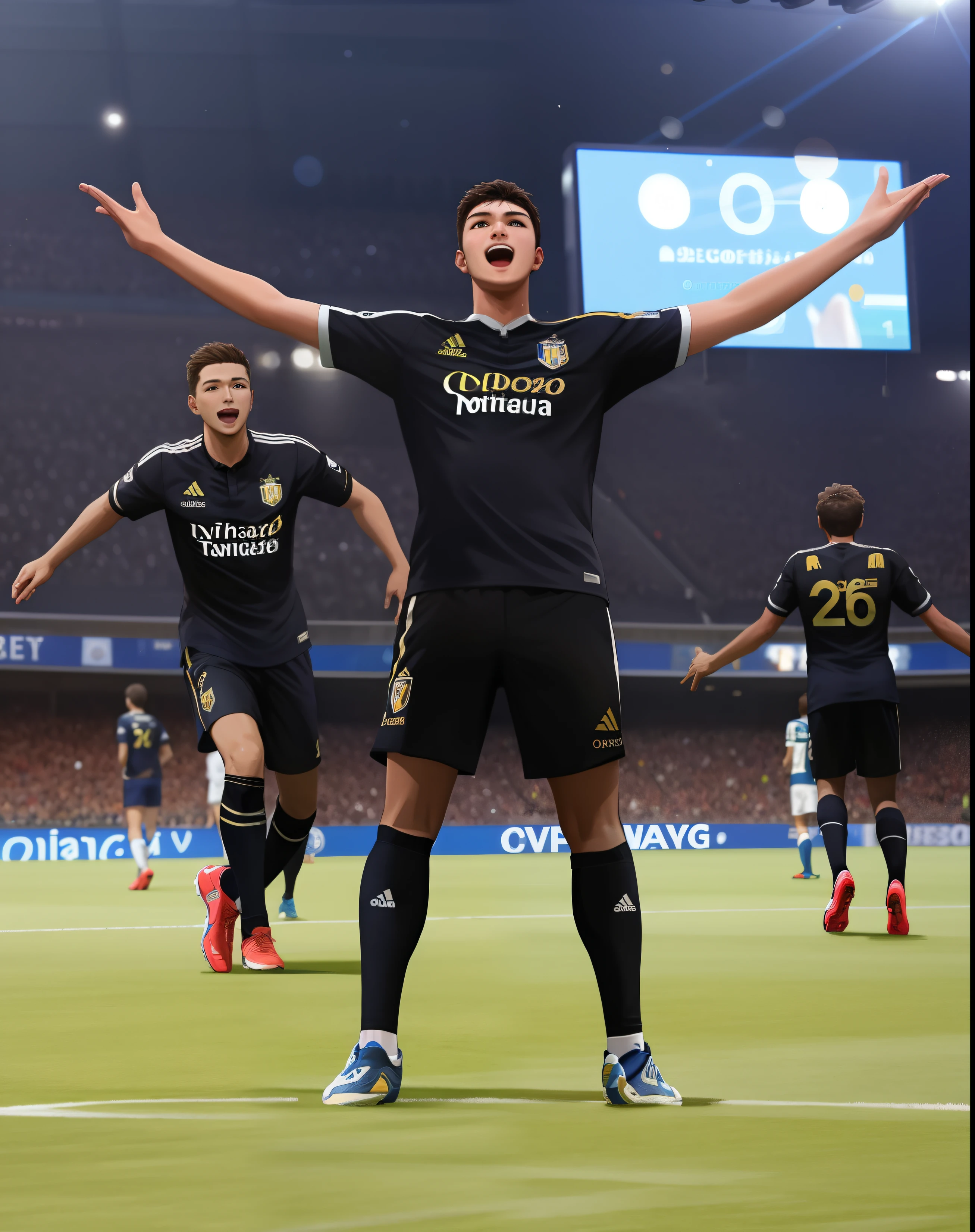 Soccer players celebrating a goal in a stadium with arms outstretched, editing, foto de perfil, 😃😀😄☺🙃😉😗, o melhor de sempre, Colocados, definido, 2263539546], marcial, 🚀🚀🚀, comemorar gol, atmosfera real, foto do perfil, beautiful angle, 💣 💥💣 💥, destacar