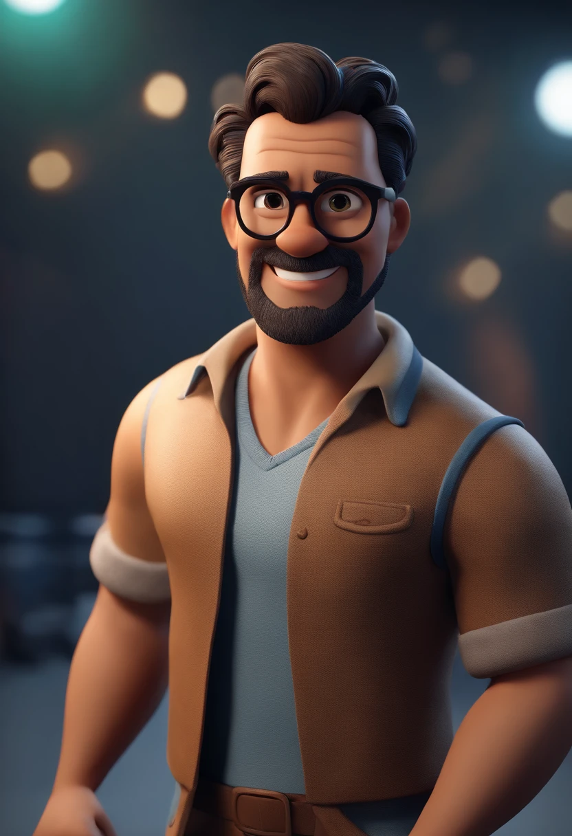 Cartoon character of a man with black glasses, cabelo cacheado marrom escuro e uma camisa azul, animation character, Caractere estilizado, animation style rendering, 3D estilizado, Arnold Maya render, 3 d render stylized, toon render keyshot, Personagem 3D, Personagem 3D, 3d rendering stylized, 3 d character render, personagem de desenho animado, Personagem de close up, Pose de personagem, (Estilo Pixar) (master part:1.2) (Bokeh) (best quality) (pele detalhada) (textura detalhada) (8k) (argila) (Cinematic lighting) (foco nítido