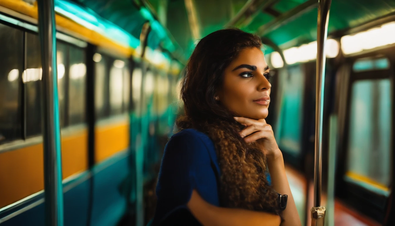 mulher jovem, noite assustadora, onibus, estrada