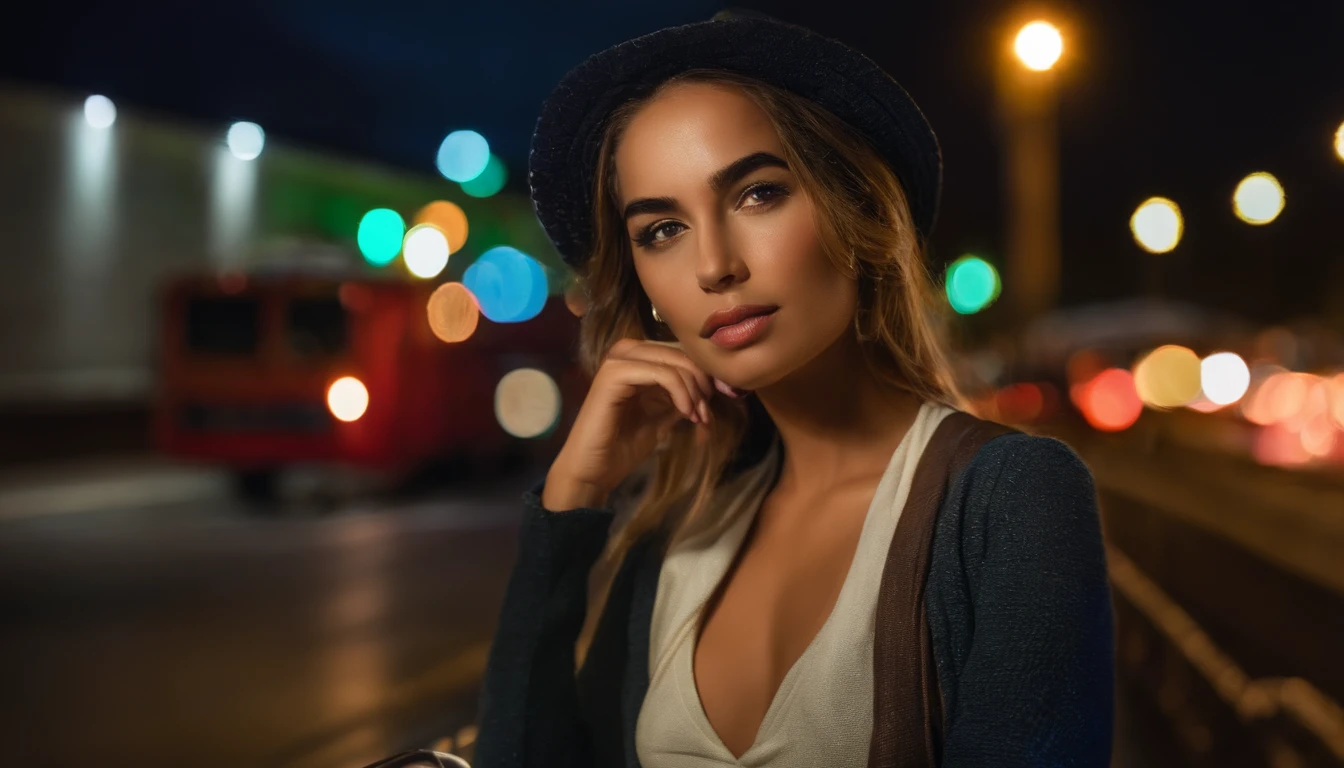 mulher jovem, noite assustadora, onibus, estrada