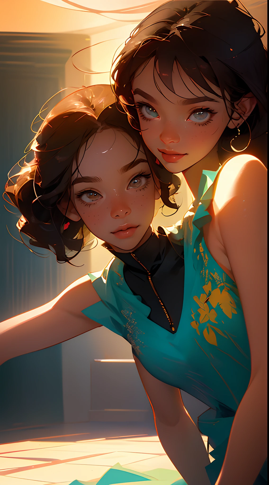 An illustration of an adorable couple, Highlight for a light brunette, chubby, smiling man with little beard and a brunette woman with beautiful expressive eyes - the man's skin is brown and the man's hair is not very straight and sideways, while the woman's skin is brown and the woman's hair is straight with few curls and brown., a mulher usa oculos preto com detalhes em vermelho.  She has medium breasts and wears a tank top . They are a bright room, cada um com um sorriso no rosto, e compartilhar um momento especial caracterizado pelo amor, Insights. Illustrate this scene from a perspective where they are facing the camera, Smiling and Showing Your Connection. Desenvolva esta arte em Full HD, Focus on your cinematic touch, Estilo Disney Pixar Animations