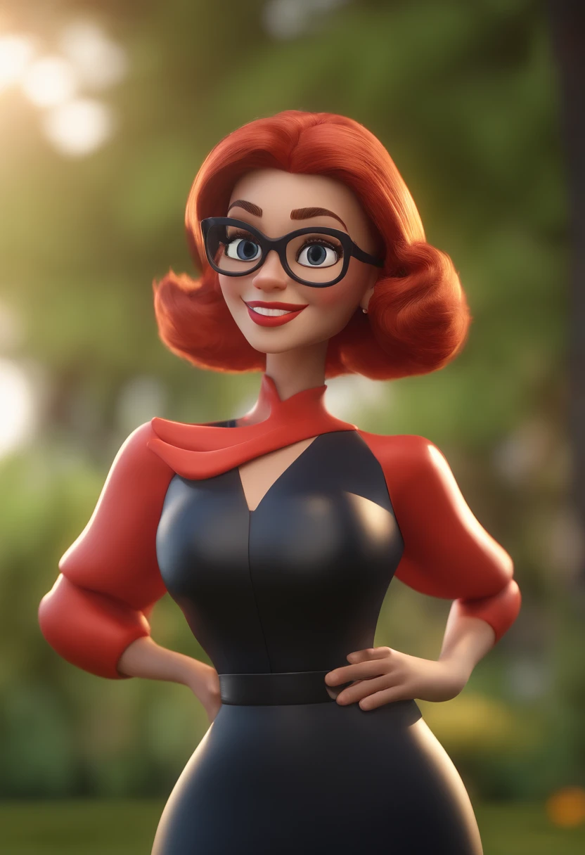 Cartoon character of a woman with red square glasses and a black dress, animation character, Caractere estilizado, animation style rendering, 3D estilizado, Arnold Maya render, 3 d render stylized, toon render keyshot, Personagem 3D, Personagem 3D, 3d rendering stylized, 3 d character render, personagem de desenho animado, Personagem de close up, Pose de personagem, (Estilo Pixar) (master part:1.2) (Bokeh) (best quality) (pele detalhada) (textura detalhada) (8k) (argila) (Cinematic lighting) (foco nítido