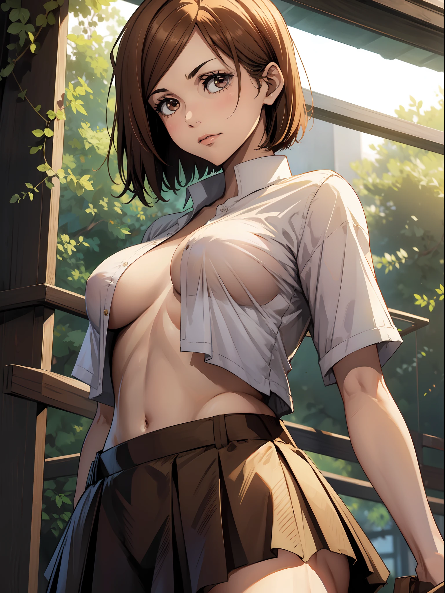 (best quality, masterpiece:1.2), nobarajk, Kugisaki Nobara, 1 girl, (medium breasts:1.4), short hair, brown eyes, beautiful eyes, green eyes, school uniform, (underboobs: 1.2), detailed