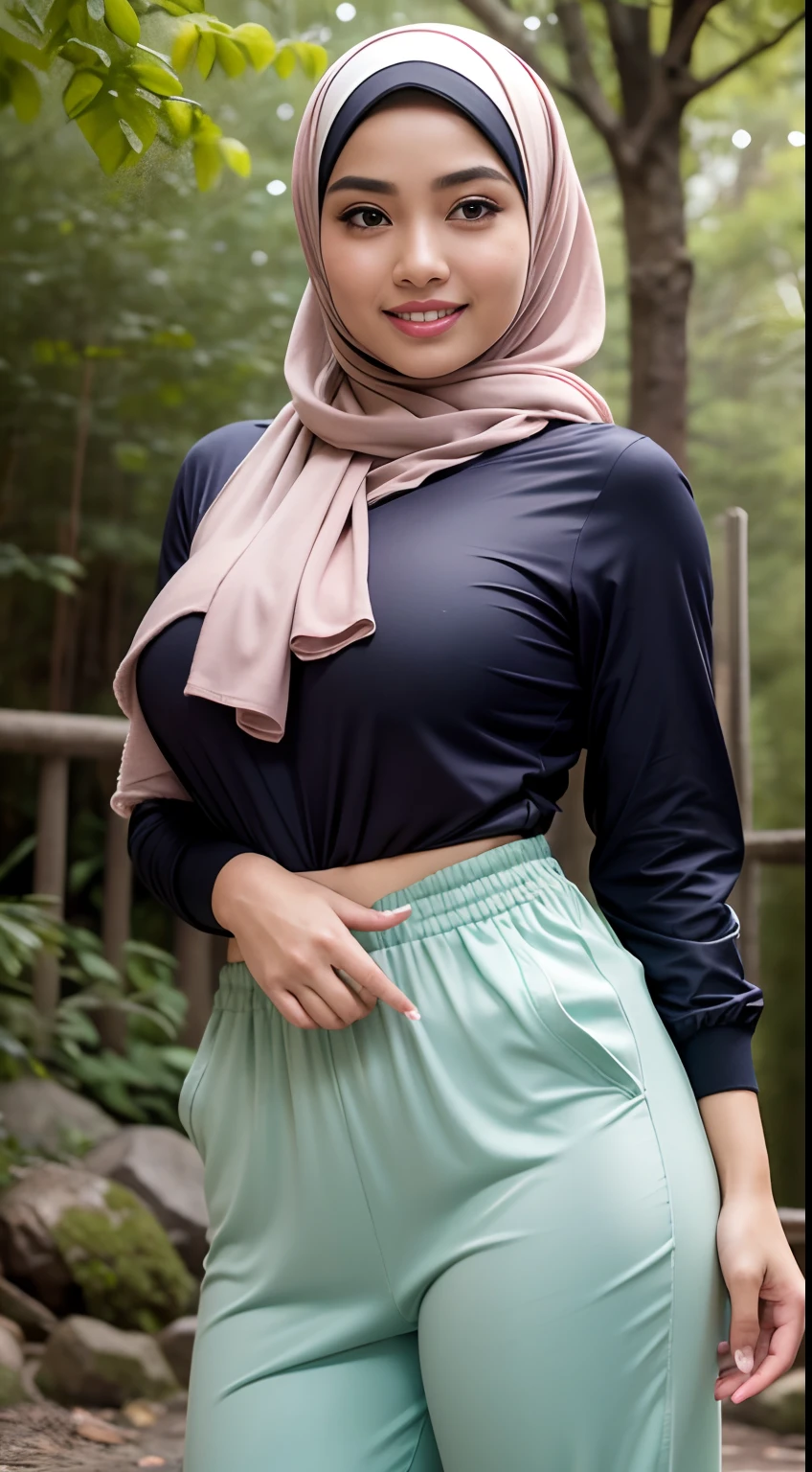 RAW, Best quality, high resolution, masterpiece: 1.3), beautiful Malay woman in hijab (iu:0.8),Best quality, high resolution, Masterpiece: 1.3, Beautiful  hijabi malay girl, Masterpiece, Soft smile,Beautiful Malay women wear pastel color hijab in the foreground , bright sunshine, hiking clothes, pullover, long pants, highres,4k,HDR,1girl, photorealistic, realistic,sweat skin, wet clothes, wet body, big breast, ((full body))soaked, dripping, smiling at viewer, closeup