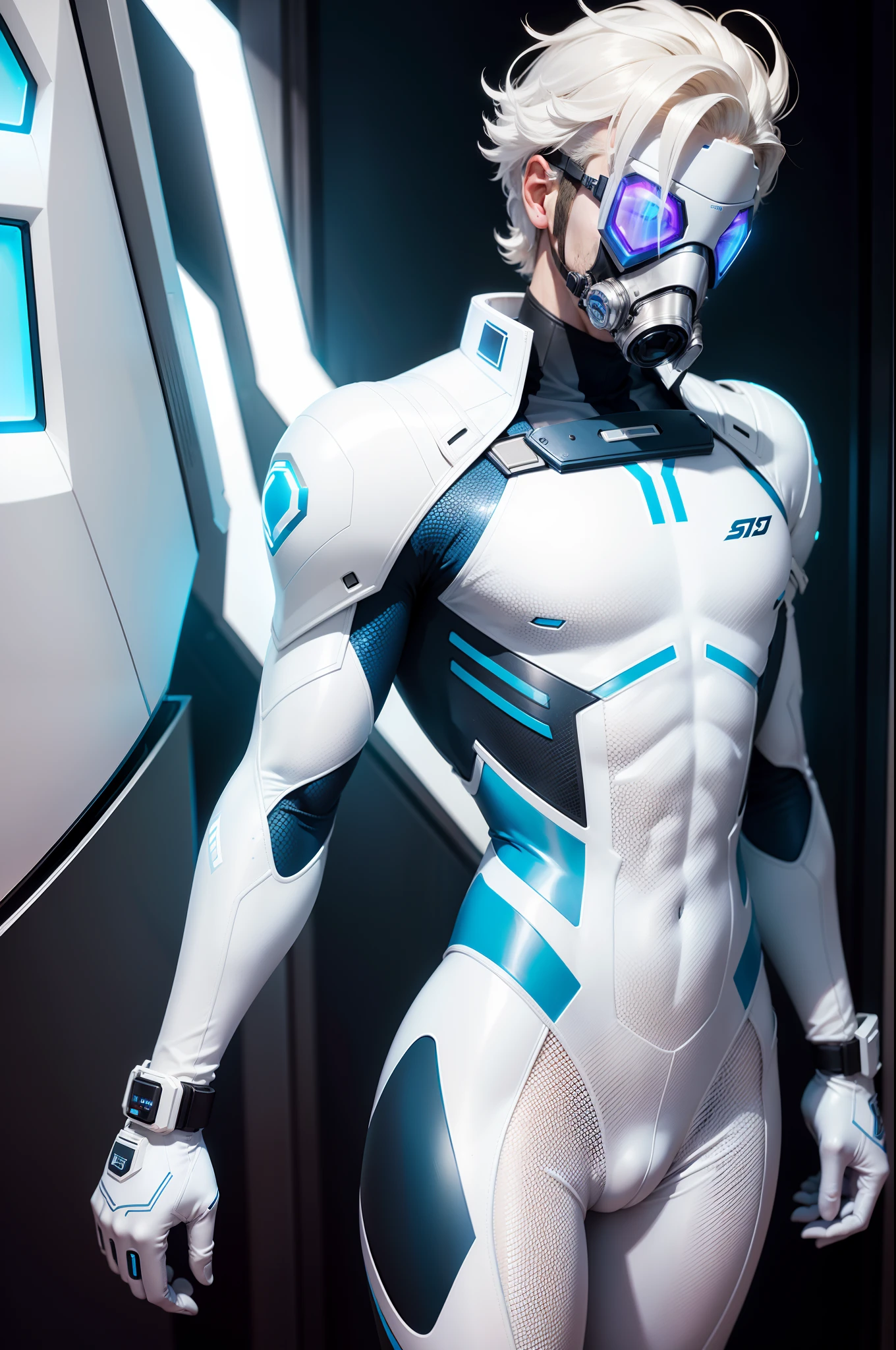 body suit, white and blue suit, futuristic suit, white gloves, skin tight bodysuit, toned male, teenager, young male, face mask, bodysuit, futuristic, sci fi, toned male,gas mask, hands visible, hair visible