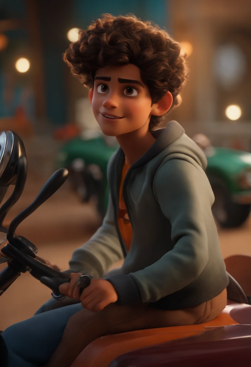 Um filme inspirado na Disney Pixar (Menino piloto de kart de 14 anos com cabelo preto) Antony