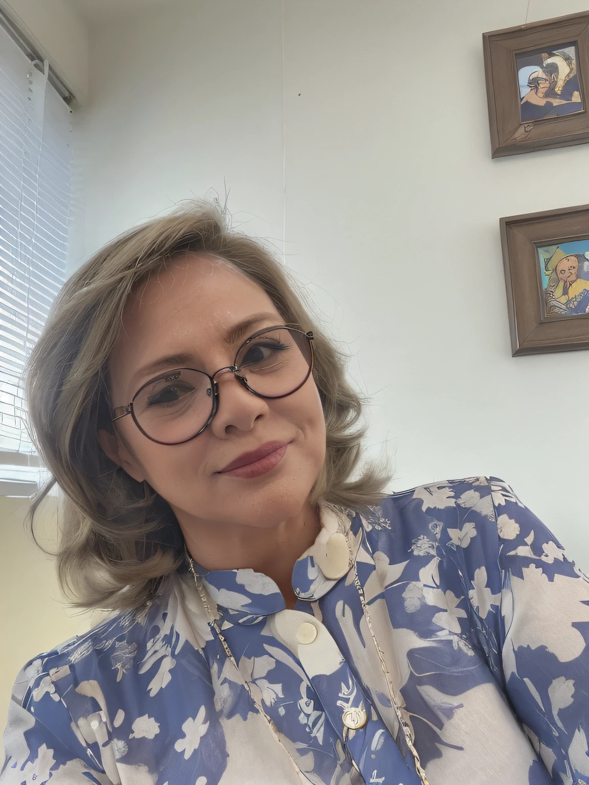 mulher 40 anos com oculos feliz cabelos castanhos com mechas blusa estampada
