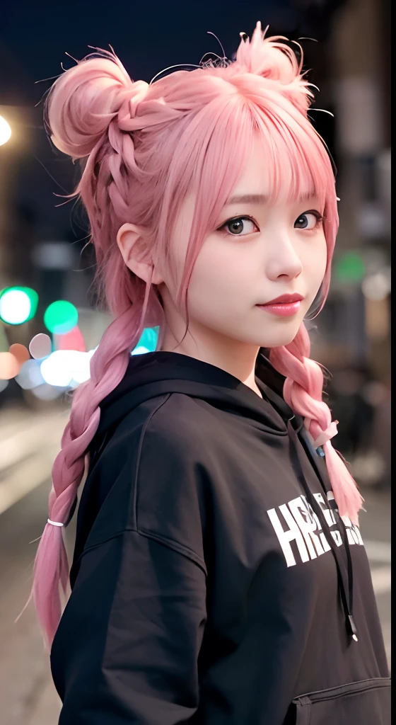 女の子1人、on tokyo street、natta、A city scape、city light、The upper part of the body、up close shot、Blue eyes,Full body,faces、(A smile:1.5)、small tits、Black long-sleeved hoodie、(8K、Raw photography、top-quality、​masterpiece:1.2)、(realisitic、photoRealstic:1.37), (Pink hair), Ear Hair, small tits, Single braid, (Single braid), (Side braid)