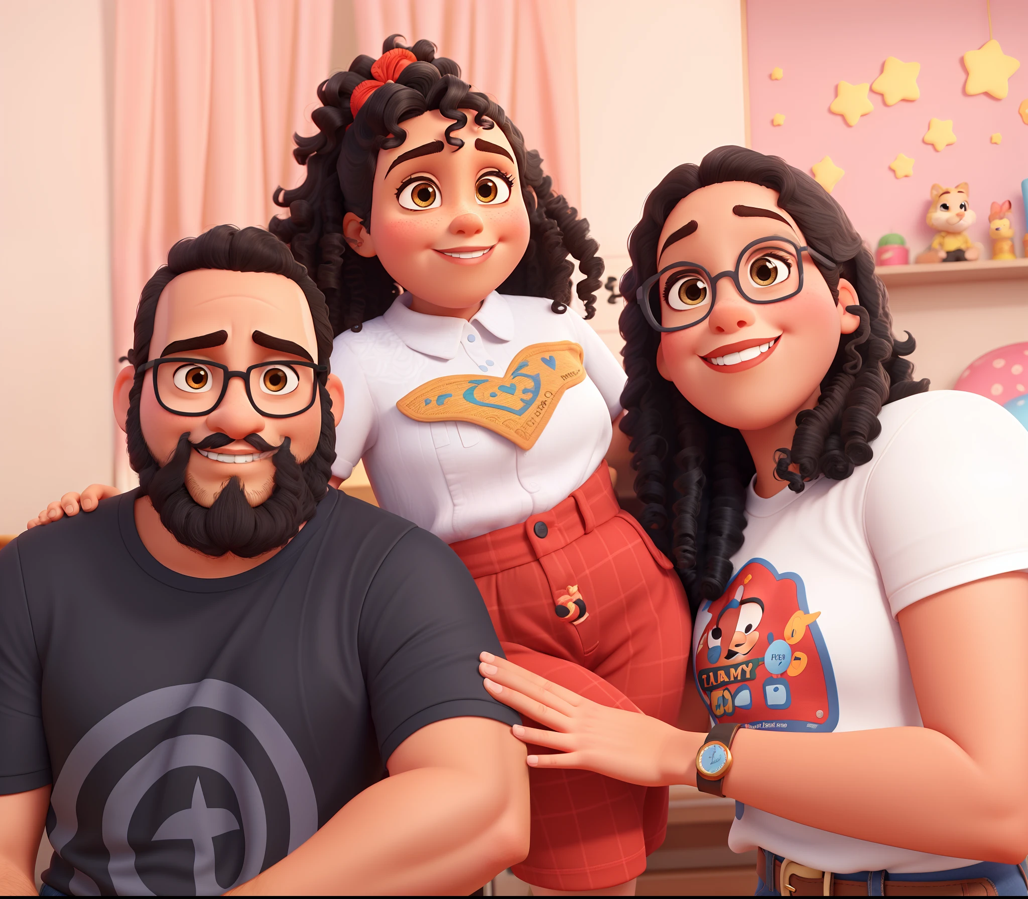 Pai barba grande cheia, magro,  Mom black curly hair, testa grande , menina cabelo lisos pretos, 10 anos de idade,  Disney pixar | | |