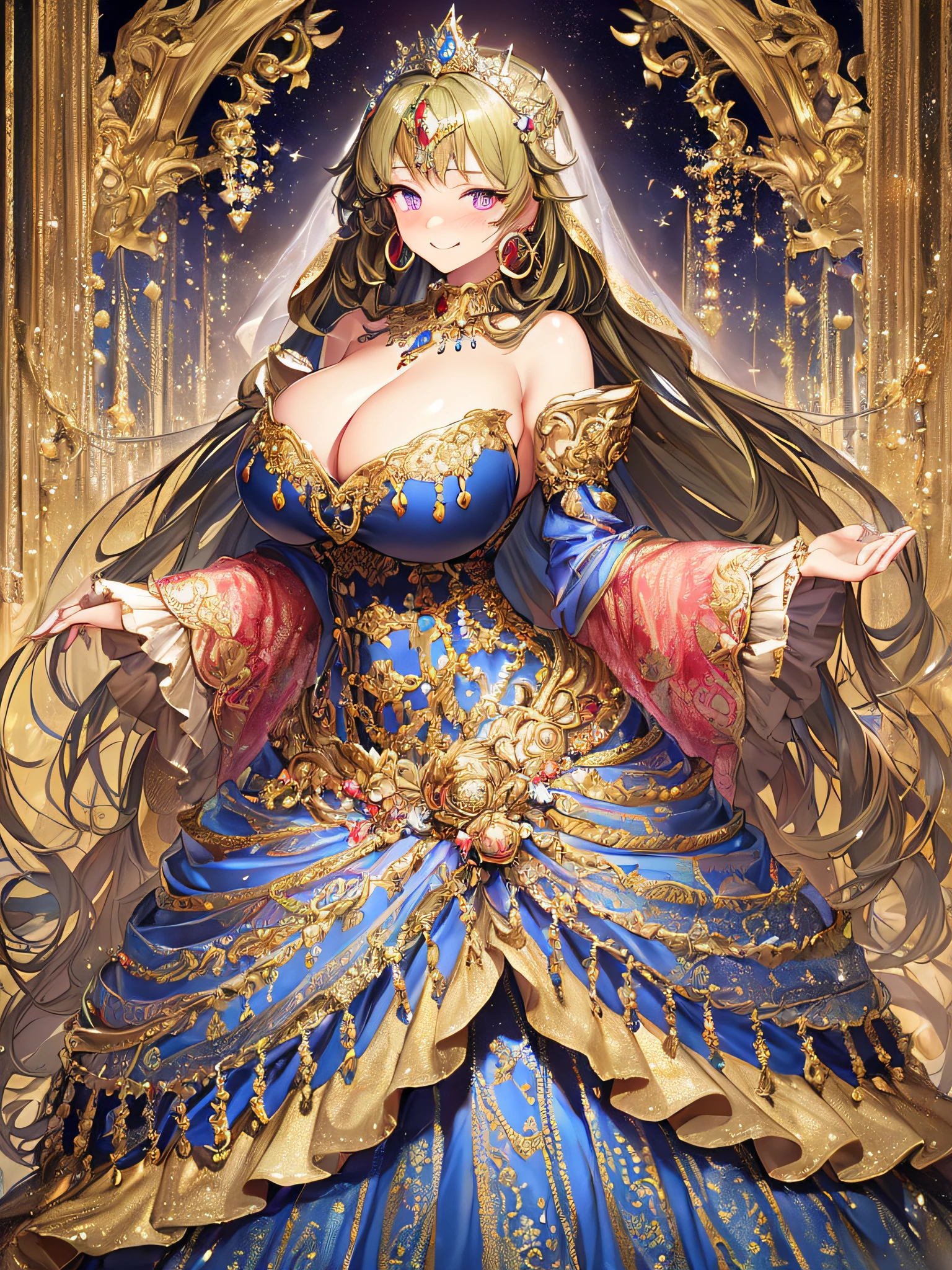 ((Anime Art Style)),((masutepiece,Best Quality,Super Detail,Very delicate and beautiful)),((Full body portrait)),((Solo)),(((One princess in beautiful embroidery and jeweled gorgeous rococo ballgown with voluminous full length hoop skirt))),(Crinoline hoop skirt),(((very gigantic boobs,Skindentation))),((extremely voluminous Very Long Straight Hair)),(finely detailed face and eyes),(Seductive smile,embarrassed),extremely gorgeousfull hair ornament,very gorgeous tiara adorned with bling-bling jewels,Glitter Gorgeous Gemstone Jewelry,Gorgeous Long Veil,opera gloves,(Beautiful background),(Full body),((beautiful embroidery and jeweled gorgeous rococo ballgown with voluminous full length hoop skirt))
