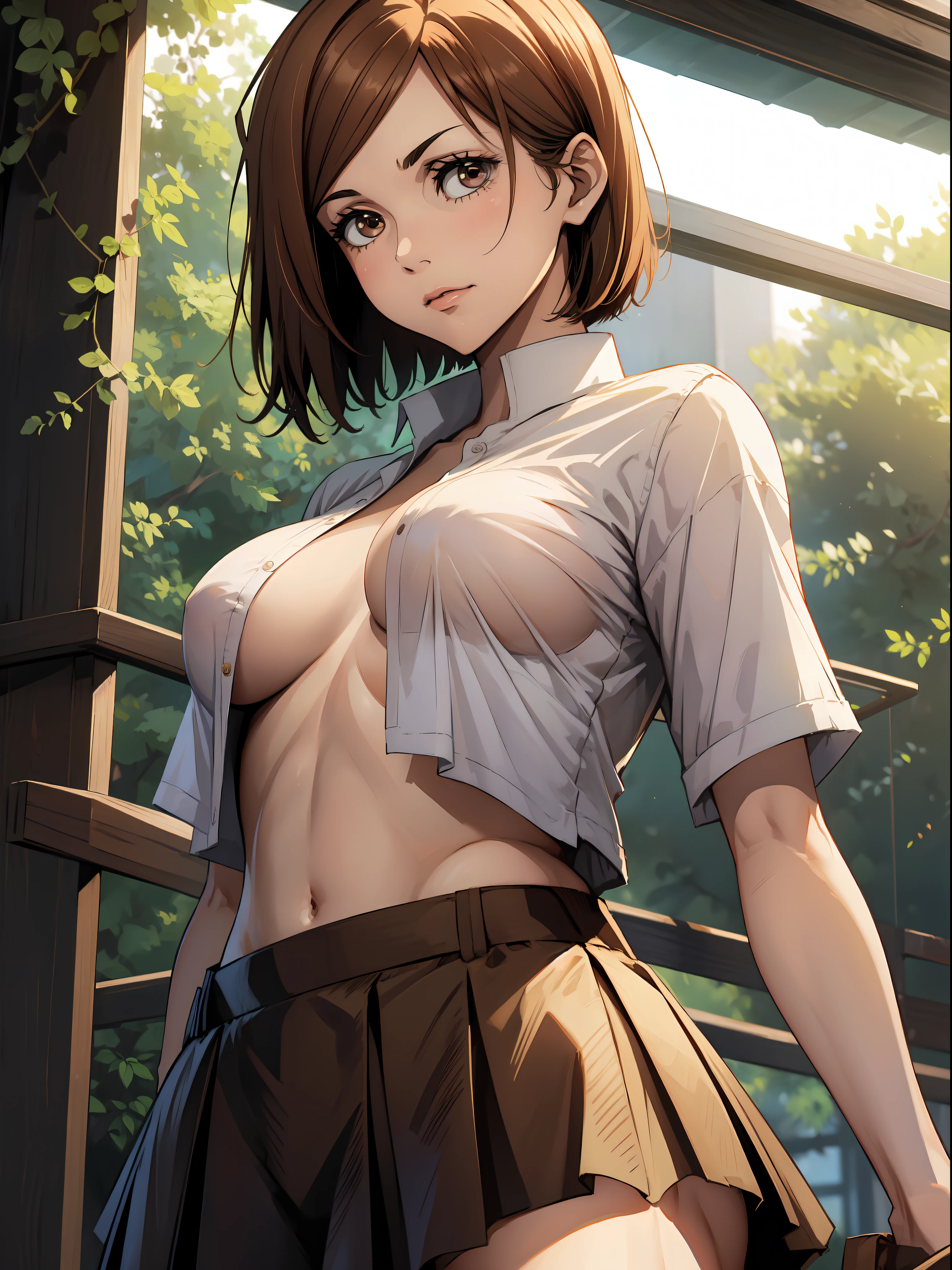 (best quality, masterpiece:1.2), nobarajk, Kugisaki Nobara, 1 girl, (medium breasts:1.4), short hair, brown eyes, beautiful eyes, green eyes, school uniform, (underboobs: 1.2), detailed