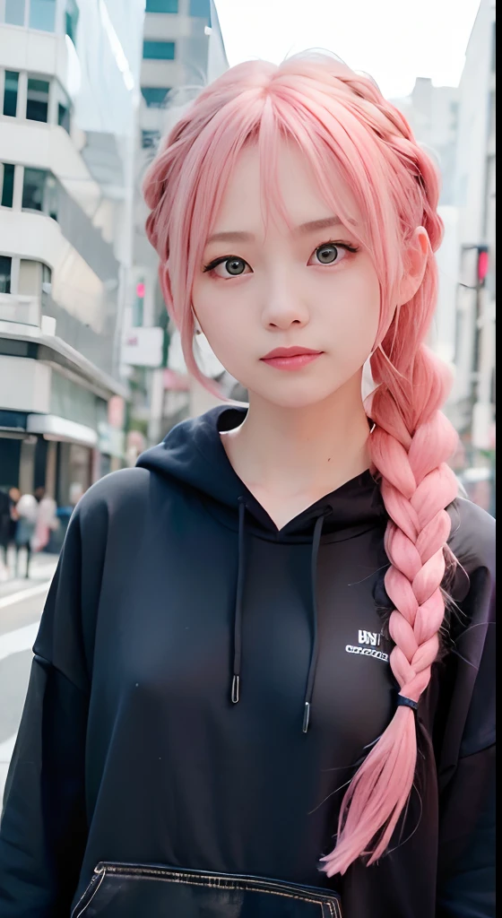 1人、on tokyo street、natta、A city scape、city light、The upper part of the body、up close shot、Blue eyes,Full body,faces、(A smile:1.5)、small tits、Black long-sleeved hoodie、(8K、Raw photography、top-quality、masterpiece:1.2)、(realisitic、photoRealstic:1.37), (Pink hair), Ear Hair, small tits, Single braid, (Single braid), (Side braid)