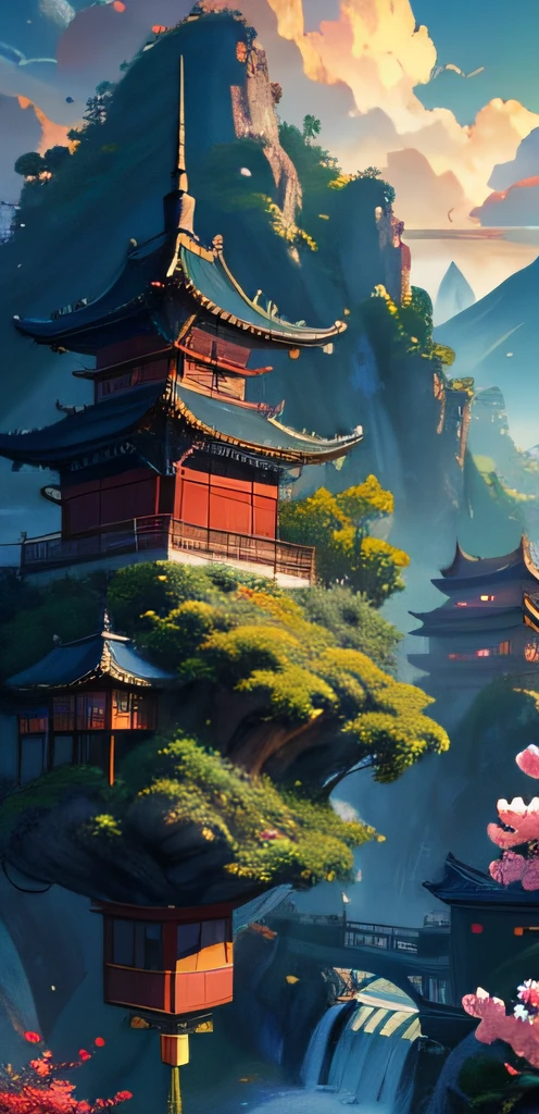 Chinese temple on a flying rock, ((The rock is flying)), Trees on the rock, ((Sky below the rock)), hayao miyazaki, waterfall falling from the rock, ((Top quality, 8k, masterpiece: 1.3)), ghibli, cinematic, Sunset lightning