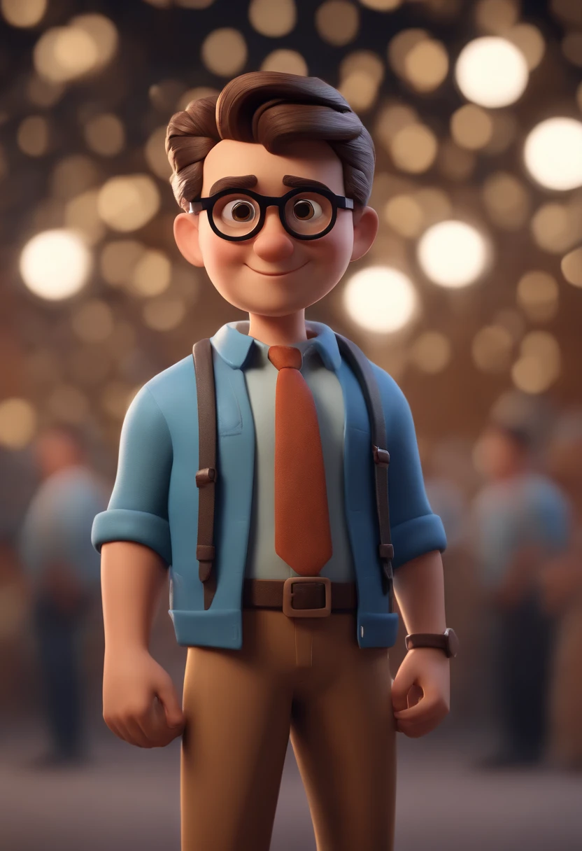 Cartoon character of a man wearing black glasses and a blue shirt, um personagem animado, Caractere estilizado, animation style rendering, 3D estilizado, Arnold Maya render, 3 d render stylized, toon render keyshot, Personagem 3D, Personagem 3D, 3d rendering stylized, 3 d character render, personagem de desenho animado, Personagem de close up, Pose de personagem, (Estilo Pixar) (master part:1.2) (Bokeh) (best quality) (pele detalhada) (textura detalhada) (8k) (argila) (Cinematic lighting) (foco nítido，Senta e vaza a parte superior do corpo