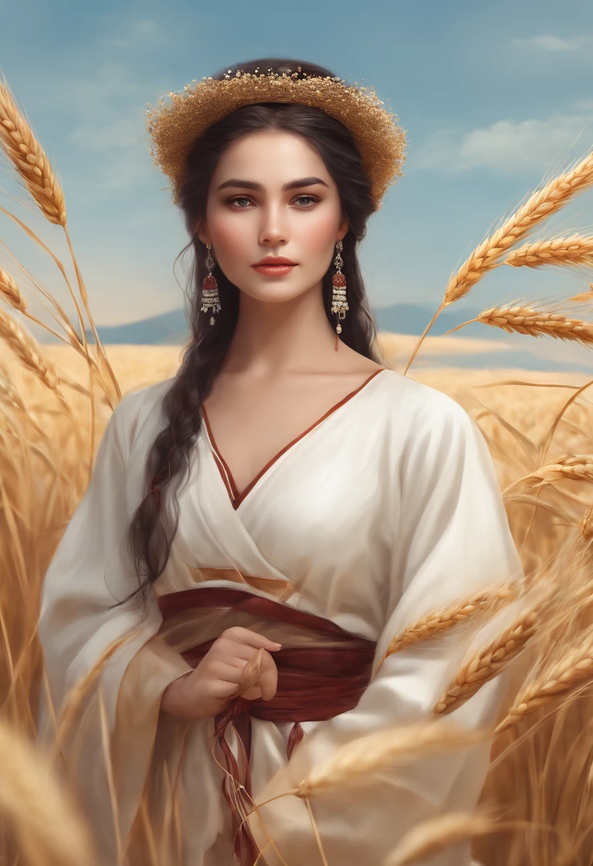 master part, best quality, Ultra Highres, Detailed illustration, retrato, circunstanciado, 1Girl standing in wheat field, sozinho, cabelos longos, vestir, flor, Hanfu branco, sorrir, corpo inteiro, flor branca, bareshoulders, cabelos muito longos, aqua cabelo, boca fechada, Visualizador voltado, franja,