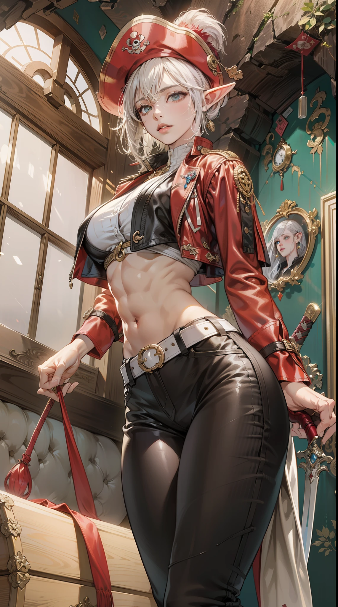 A beautiful female pirate stands in front of a large treasure chest, Female, beautiful elf race, white blonde short hair, asymmetrical bang, insanley detailed face and eyes, Perfect lips, very beautiful and feminine, big breast, (abs: 1.3), Pirate king outfit, Black pirate hat with red feathers, Black leather jacket with gold accents, Black pants, Black boots, Large belt with sword sheath, Large black sword, (Inside the cave are various antiques, such as treasure chests, weapons, and jewelry as background), masterpiece, Aesthetic, dramatic, cinematic lighting, fine expression, fine detail, masterpiece, a digital art by Yusuke Murata.