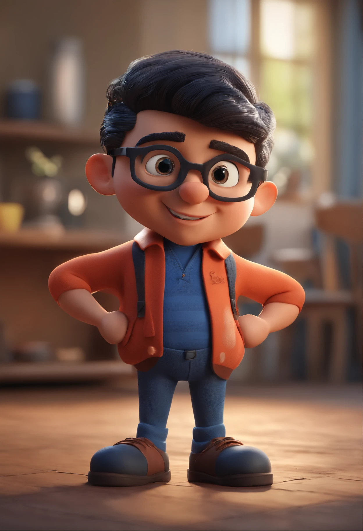 Cartoon character of a man with black glasses and a blue shirt, animation character, Caractere estilizado, animation style rendering, 3D estilizado, Arnold Maya render, 3 d render stylized, toon render keyshot, Personagem 3D, Personagem 3D, 3d rendering stylized, 3 d character render, personagem de desenho animado, Personagem de close up, Pose de personagem,  (Estilo Pixar) (master part:1.2) (Bokeh) (best quality) (pele detalhada) (textura detalhada) (8k) (argila) (Cinematic lighting) (foco nítido