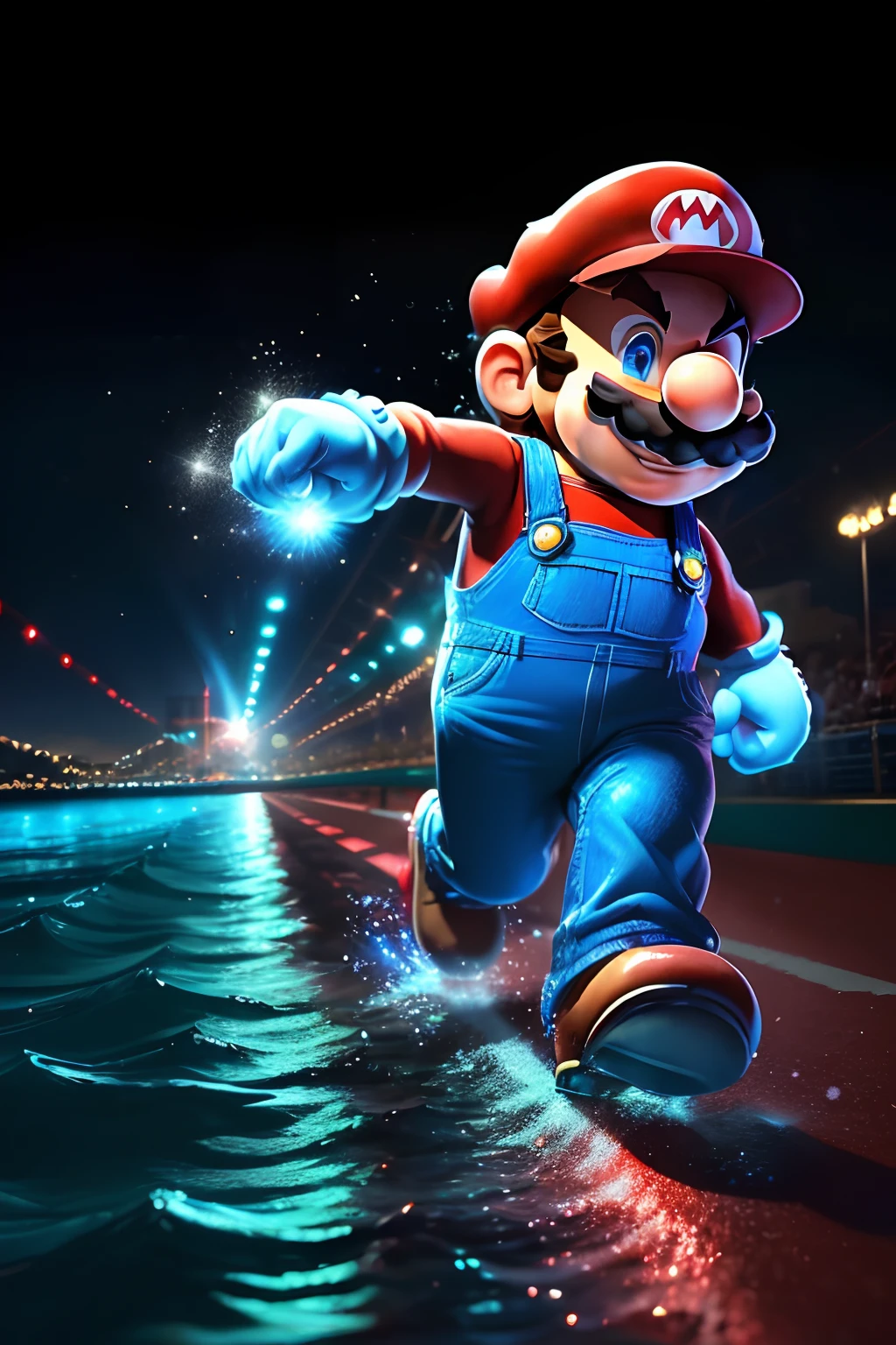 (best quality,4k,highres,masterpiece:1.2),(ultra-detailed,photorealistic:1.37),Super Mario,running on Santa Monica Pier in the United States, vibrant color palette,twinkling lights reflecting on the water, joyful atmosphere,pixelated characters,exquisite attention to details,playful beach-themed background, sunny day with clear blue skies,crowds of people enjoying the scenery,accurate rendering of Mario's iconic red hat and blue overalls, dynamic pose capturing Mario's energetic movements,emphasized facial features showcasing his determination,realistic shadows and lighting effects, nostalgic yet modern Pixar-style artistry.