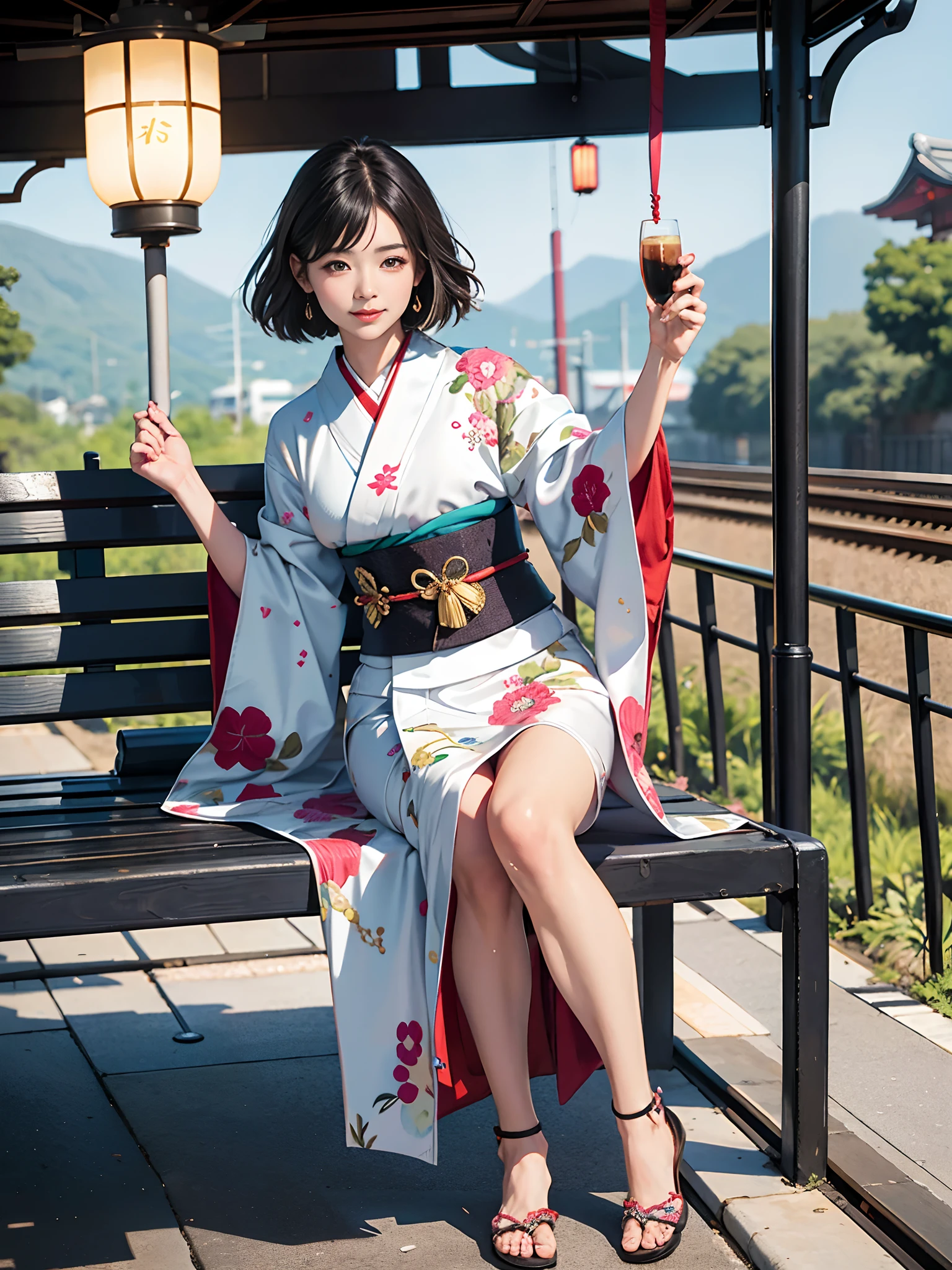 Background of details(Railway Station Platforms,Train on the tracks),BREAK ,elaborate costume(Luxurious Japan kimono(Colorful kimono(detailed embroidery()))),BREAK,(1 Beautiful and classy adult woman(Shy smile:1.2)(Japanese actressl:1.2)(A dark-haired:1.2(short-hair:1.2))),(eye glass:1.2),(Sitting on a bench),BREAK,Wallpapers 16K,Blur the background,)(masutepiece,Best Quality,Portrait photos):1.5),full body Esbian