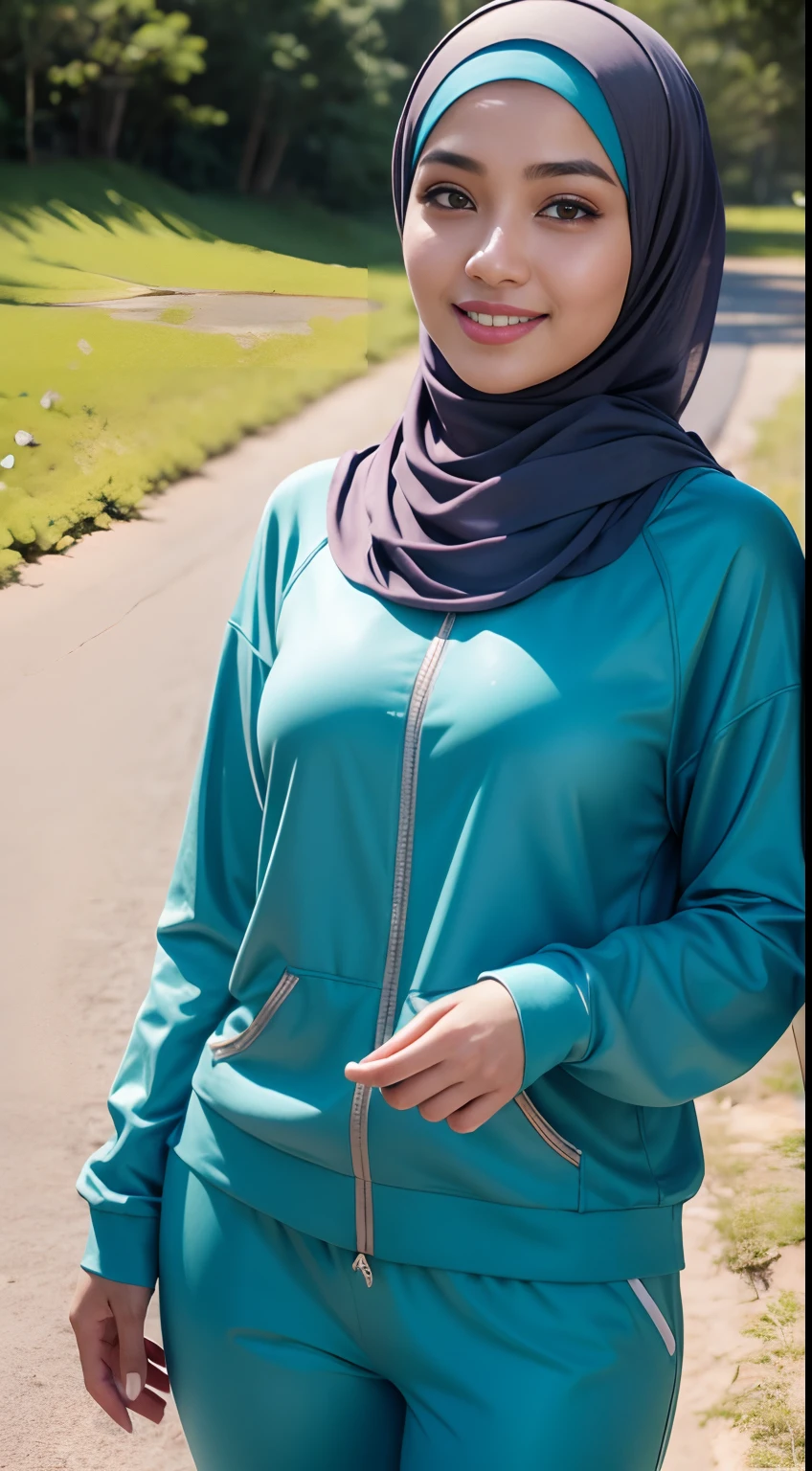RAW, Best quality, high resolution, masterpiece: 1.3, beautiful Malay woman in hijab, big gorgeous eyes,big breast,fullbody, soft smiling, malay woman in a blue dress and a hijab talking on a cell phone iphone, pastel blue, hijab, blue gray, pale blue, light blue, light-blue, blue soft details, sky blue, light grey blue and golden, wearing a blue hoodie, pastel, tight light blue neopren suitlue, pale-skinned malay girl, beautiful malay woman, blur garden background