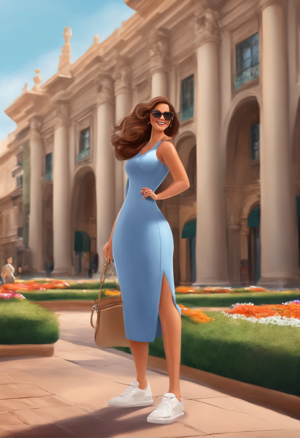 Cartoon, Disney, Pixar, Oversize smiling woman in sunglasses standing in front of a fountain, cabelos compridos e ondulados, em um dia ensolarado, in a city square, vestido azul com flores, divertindo-se, Standing in a city center white sneakers, cell phone in right hand