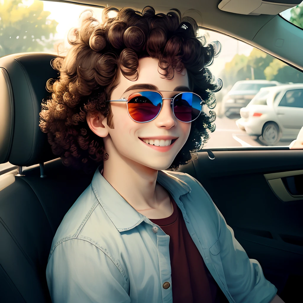 A big haired boy with sunglasses looking and smiling through the car window