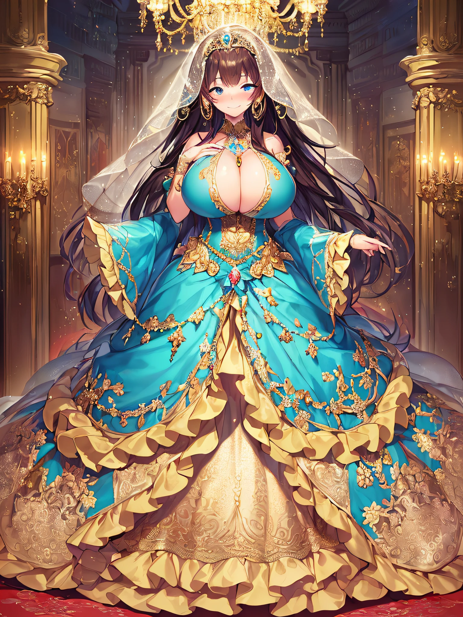 ((Anime Art Style)),((masutepiece,Best Quality,Super Detail,Very delicate and beautiful)),((Full body portrait)),((Solo)),(((One princess in beautiful embroidery and jeweled gorgeous rococo ballgown with voluminous full length hoop skirt))),(Crinoline hoop skirt),(((very gigantic boobs,Skindentation))),((extremely voluminous Very Long Straight Hair)),(finely detailed face and eyes),(Seductive smile,embarrassed),extremely gorgeousfull hair ornament,very gorgeous tiara adorned with bling-bling jewels,Glitter Gorgeous Gemstone Jewelry,Gorgeous Long Veil,opera gloves,(Beautiful background),(Full body),((beautiful embroidery and jeweled gorgeous rococo ballgown with voluminous full length hoop skirt))