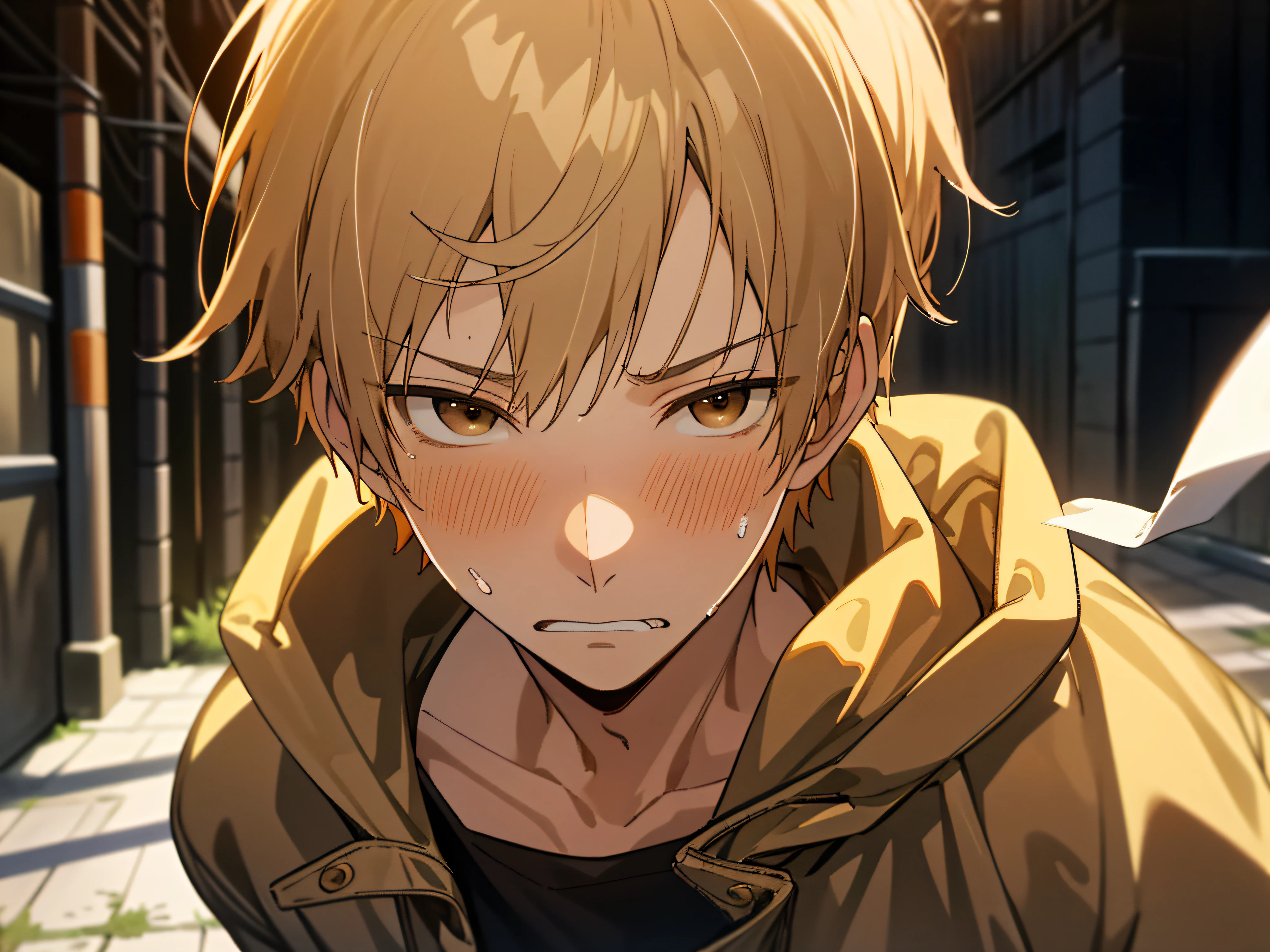 masutepiece, Best Quality, High quality, 1boy, Solo,Forcibly withdraw,sharp eye,Salt face,Cold expression,Male Focus, Looking at Viewer, upper body ,Brown eyes, Blonde hair, parka,background is back alley,